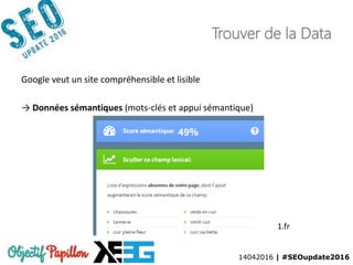 14042016 | #SEOupdate2016
Trouver de la Data
Google veut un site compréhensible et lisible
→ Données sémantiques (mots-clés et appui sémantique)
1.fr
 