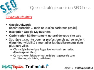 14042016 | #SEOupdate2016
3 Types de résultats
• Google Adwords
(incontournable … mais nous n’en parlerons pas ici)
• Inscription Google My Business
• Optimisation Référencement naturel de votre site web
• Stratégie gagnante pour les professionnels qui se veulent
élargir leur visibilité : multiplier les établissements dans
plusieurs villes.
– Cf stratégie historique Pages Jaunes (taxis, serrurier,
déménageurs etc…)
– Ça marche en fait pour tous métiers : agence de com,
architectes, pisciniste, osthéo etc….)
Quelle stratégie pour un SEO Local
 