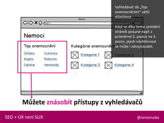 @JanJanuskaSEO + UX není SUX
Můžete znásobit přístupy z vyhledávačů
Vyhledávač dá „Top
onemocněním“ větší
důležitost.
Když se díky tomu umístění
stránek posune např. z
průměrné 5. pozice na 3.
pozici, jejich návštěvnost
se může i zdvojnásobit.
 
