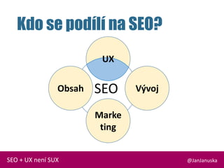 SEO
Kdo se podílí na SEO?
@JanJanuskaSEO + UX není SUX
Obsah
Marke
ting
Vývoj
UXUX
 