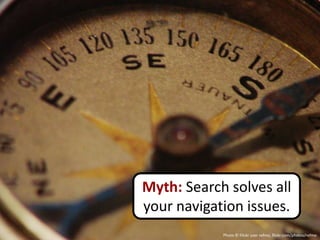 Myth: Search solves all
your navigation issues.
            Photo © Flickr user refmo, flickr.com/photos/refmo
 