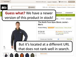 Guess what? We have a newer
version of this product in stock!




         But it’s located at a different URL
         that does not rank well in search.
 