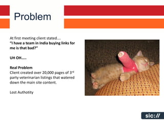 Problem
At first meeting client stated….
“I have a team in India buying links for
me is that bad?”

UH OH…..

Real Problem
Client created over 20,000 pages of 3rd
party veterinarian listings that watered
down the main site content.

Lost Authotity
 