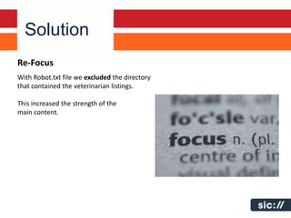 Solution
Re-Focus
With Robot.txt file we excluded the directory
that contained the veterinarian listings.

This increased the strength of the
main content.
 
