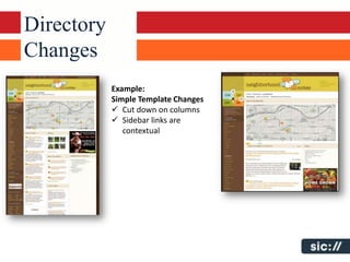 Directory
Changes
            Example:
            Simple Template Changes
             Cut down on columns
             Sidebar links are
               contextual
 