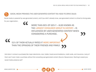 SEo vs. social media: which is best for your marketing?   14




 5       social media provides the user-generated content you need to drive sales

Social media is powered by user-generated content, and if you didn’t already know, user-generated content is critical to driving sales




                             “
for your organization.

                                          More than 80% of gen y -- also known as
                                          the largest consumer group in history -- is




                                                                                                                        ”
                                          influenced by user-generated content when
                                          considering a purchase.




 “         51% of them actually rated it more important
           than the opinions of their friends and family.


                                                                                        ”
And when it comes to purchases like major electronics, cars, hotels, travel accommodations, credit cards, and insurance, many of
them won’t even make a purchase without first consulting user-generated content (Source: Bazaarvoice). Starting to sweat your
social media presence yet?




www.Hubspot.com                                                                                                               share ebook
 