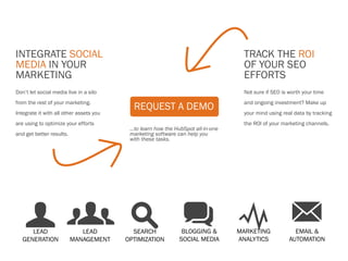 integrate social                                                                    track the roi
media in your                                                                       of your seo
marketing                                                                           efforts
Don’t let social media live in a silo                                               Not sure if SEO is worth your time
from the rest of your marketing.                                                    and ongoing investment? Make up
Integrate it with all other assets you
                                           REQUEST A DEMO                           your mind using real data by tracking
are using to optimize your efforts                                                  the ROI of your marketing channels.
                                          ...to learn how the HubSpot all-in-one
and get better results.                   marketing software can help you
                                          with these tasks.




    U Lead
   Generation
                      gs     Lead
                          management
                                           Search
                                         optimization
                                                                q Y M
                                                                blogging &
                                                               social media
                                                                                   Marketing
                                                                                   analytics
                                                                                                         Email &
                                                                                                       Automation
 