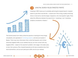 SEo vs. social media: which is best for your marketing?   5



                                                    3        Long-Tail search yields targeted traffic

                                                   Investing in SEO means you’re probably optimizing for long-tail search. Long-tail
                                                   search is just what it sounds like -- a search term that is long, usually containing
                                                   three or more terms. And the longer a keyword is, the more specific it gets. Think
                                                   about the difference between the search term, “marketing,” and “marketing
                                                   analytics consultants in Boston.”




    That second search term tells us that the searcher is looking for three things:
    consultants, who specialize in marketing analytics, and who are located in
    Boston. That’s way more information than a short-tail keyword, and it drives
    extremely targeted traffic to your website that you can then convert with very
    targeted offers -- based on the searcher’s problem, their stage in the sales cycle,
    or even their persona. Plus, long-tail keywords are far less competitive than their
    short-tail brethren, and as such yield quick traffic wins for your website.



www.Hubspot.com                                                                                                                 share ebook
 