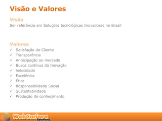 Visão e Valores
Visão
Ser referência em Soluções tecnológicas Inovadoras no Brasil




Valores
   Satisfação do Cliente
   Transparência
   Antecipação ao mercado
   Busca contínua da Inovação
   Velocidade
   Excelência
   Ética
   Responsabilidade Social
   Sustentabilidade
   Produção de conhecimento
 