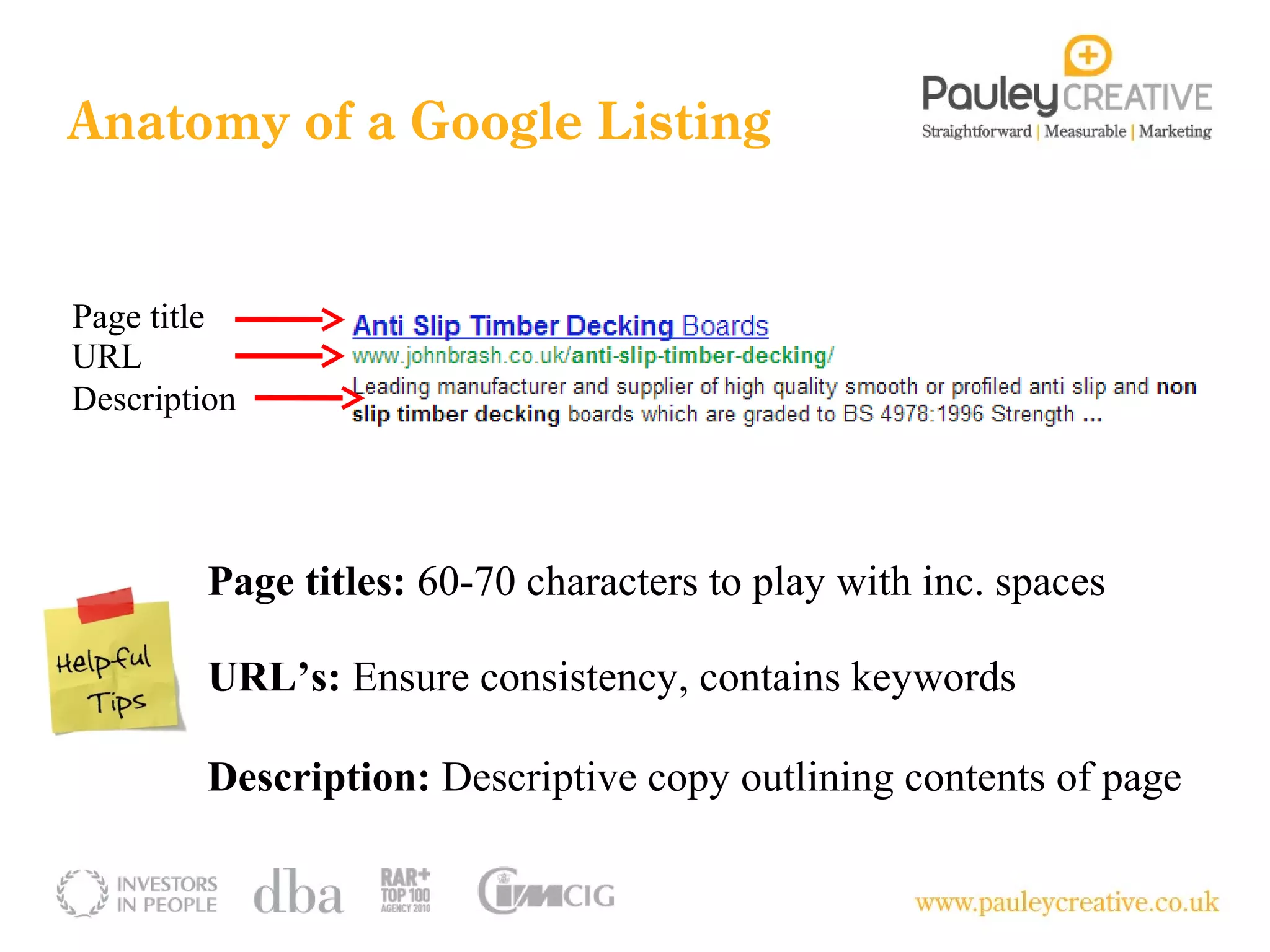 Anatomy of a Google Listing


Page title
URL
Description




         Page titles: 60-70 characters to play with inc. spaces

         URL’s: Ensure consistency, contains keywords

         Description: Descriptive copy outlining contents of page
 
