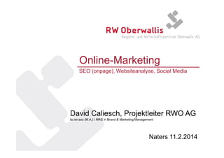 Online-Marketing
SEO (onpage), Websiteanalyse, Social Media

David Caliesch, Projektleiter RWO AG
lic.rer.soc (M.A.)  MAS in Brand & Marketing Management

Naters 11.2.2014

 