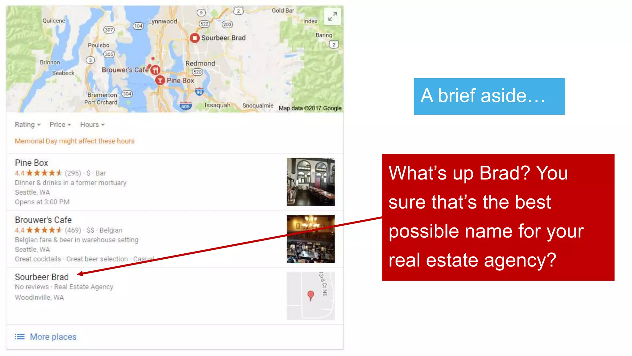 A brief aside…
What’s up Brad? You
sure that’s the best
possible name for your
real estate agency?
 
