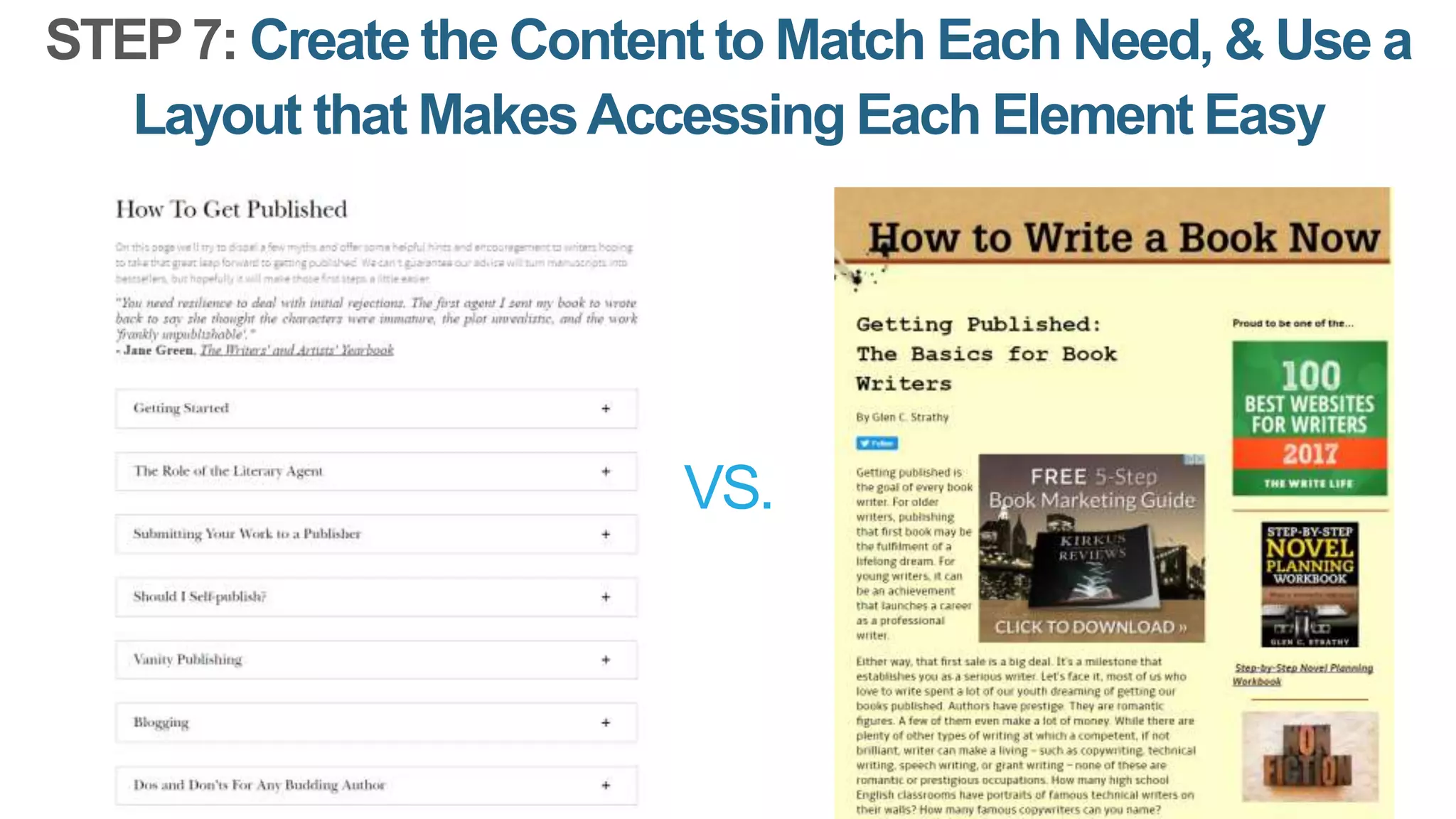 STEP7: Create the Content to Match Each Need, & Use a
Layout that MakesAccessing Each Element Easy
VS.
 