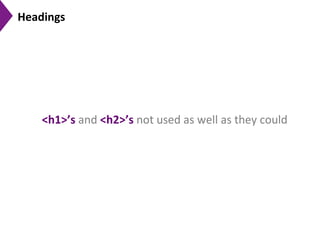 Headings	
  
<h1>’s	
  and	
  <h2>’s	
  not	
  used	
  as	
  well	
  as	
  they	
  could	
  
 
