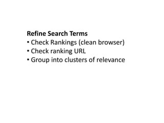 Refine Search Terms
• Check Rankings (clean browser)
• Check ranking URL
• Group into clusters of relevance
 