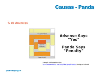 Causas - Panda

 % de Anuncios




                  Exemplo tomados do artigo:
                  http://www.seomoz.org/blog/beat-google-panda por Cyrus Shepard


@robertcpadgett
 