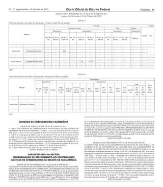Nº 117, segunda-feira, 10 de junho de 2013 Diário Oficial do Distrito Federal Página 11 
ANEXO ÚNICO À PORTARIA Nº 114, DE 06 DE JUNHO DE 2013. 
(Anexos I e II à Portaria nº 85, de 29 de abril de 2013) 
ANEXO I 
Preço final utilizado como Base de Cálculo para Cerveja e Chope (R$ por unidade) 
Marcas 
Cerveja Chope 
Garrafa de vidro Lata Barril 
Combo Litro 
Retornável Descartável Descartável Descartável 
até 360 
ml 
de 361 a 
660 ml 
de 661 a 
1.000 ml 
até 250 
ml 
de 251 a 
360 ml 
de 361 a 
660 ml 
de 661 a 
1.000 ml 
até 270 
ml 
de 271 a 
360 ml 
de 361 a 
660 ml 5.000 ml 
...... ...... ...... ...... ...... ...... ...... ...... ...... ...... ...... ...... ...... ...... ...... 
Schincariol 
...... ...... ...... ...... ...... ...... ...... ...... ...... ...... ...... ...... ...... 
Devassa Bem Loura ...... ...... 4,00 ...... ...... ...... ...... ...... ...... ...... ...... ...... ...... 
...... ...... ...... ...... ...... ...... ...... ...... ...... ...... ...... ...... ...... 
...... ...... ...... ...... ...... ...... ...... ...... ...... ...... ...... ...... ...... ...... ...... 
Outras Marcas 
...... ...... ...... ...... ...... ...... ...... ...... ...... ...... ...... ...... ...... ...... 
Colorado demais tipos ...... ...... ...... ...... 7,18 11,05 ...... ...... ...... ...... ...... ...... ...... 
...... ...... ...... ...... ...... ...... ...... ...... ...... ...... ...... ...... ...... ...... 
...... ...... ...... ...... ...... ...... ...... ...... ...... ...... ...... ...... ...... ...... ...... 
(AC) 
ANEXO II 
Preço final utilizado como Base de Cálculo para Refrigerantes (R$ por unidade) 
Marcas 
Embalagens 
Retornável Descartável 
Post 
MIX 
litro 
xarope 
até 200 
ml 
de 201 
a 330 
ml 
2 litros 
Vidro 
até 360 
ml 
PET até 
250 ml 
PET de 
251 a 
600 ml 
PET 1 
litro 
PET 
1,5 litro 
PET 2 
litros 
PET 
2,25 
litros 
PET 
2,5 
litros 
PET 3 
litros 
PET 
3,3 
litros 
Lata 
até 250 
ml 
de 
251 
a 360 
ml 
de 
361 
a 500 
ml 
...... ...... ...... ...... ...... ...... ...... ...... ...... ...... ...... ...... ...... ...... ...... ...... ...... ...... ...... 
Schincariol 
...... ...... ...... ...... ...... ...... ...... ...... ...... ...... ...... ...... ...... ...... ...... ...... ...... ...... 
Schincariol Itubaina ...... ...... ...... ...... 0,97 ...... ...... ...... ...... ...... ...... ...... ...... ...... ...... ...... ...... 
...... ...... ...... ...... ...... ...... ...... ...... ...... ...... ...... ...... ...... ...... ...... ...... ...... ...... 
...... ...... ...... ...... ...... ...... ...... ...... ...... ...... ...... ...... ...... ...... ...... ...... ...... ...... ...... 
(AC) 
UNIDADE DE CORREGEDORIA FAZENDÁRIA 
ORDEM DE SERVIÇO Nº 068, DE 07 DE JUNHO DE 2013. 
O CHEFE DA UNIDADE DE CORREGEDORIA FAZENDÁRIA, DA SECRETARIA DE 
ESTADO DE FAZENDA DO DISTRITO FEDERAL, no uso das atribuições previstas no inciso 
VIII, do art. 7º, da Lei 3.167, de 11 de julho de 2003, e nos incisos IV e IX, do art. 8º, do Decreto 
nº 23.975, de 14 de agosto de 2003, c/c art. 1º, do Decreto 33.370, de 29 de novembro de 2011 
e, ainda, tendo em vista o disposto na Lei Complementar nº 840, de 23 de dezembro de 2011, 
em seus arts. 217 e 229, e ainda o que consta da solicitação de 28 de maio de 2013, RESOLVE: 
Art. 1º Prorrogar por 60 (sessenta) dias o prazo concedido para conclusão dos trabalhos da Co-missão 
de Processo Administrativo Disciplinar – CP 45, reinstaurada pela Ordem de Serviço nº 
45, de 08 de abril de 2013, publicada no DODF n° 72, de 09 de abril de 2013. 
Art. 2º Esta Ordem de Serviço entra em vigor na data da sua publicação. 
EDMAR ANDRADE DE ALMEIDA 
SUBSECRETARIA DA RECEITA 
COORDENAÇÃO DE ATENDIMENTO AO CONTRIBUINTE 
AGÊNCIA DE ATENDIMENTO DA RECEITA DE TAGUATINGA 
DESPACHO DE INDEFERIMENTO N° 38, DE 06 DE JUNHO DE 2013. 
O GERENTE DA AGÊNCIA DE ATENDIMENTO DA RECEITA DE TAGUATINGA, DA COOR-DENAÇÃO 
DE ATENDIMENTO AO CONTRIBUINTE, DA SUBSECRETARIA DA RECEITA, DA 
SECRETARIA DE ESTADO DE FAZENDA DO DISTRITO FEDERAL, no uso de suas atribuições 
regimentais previstas no Anexo Único da Portaria nº 648, de 21 de dezembro de 2001, alterado pela 
Portaria 563, de 05 de setembro de 2002, e no uso da delegação de competência conferida pela Ordem 
de Serviço nº 10/SUREC, de 13 de fevereiro de 2009, artigo 1º, inciso III, alínea “a”, item 2, combinada 
com a Ordem de Serviço nº 06/DIATE, de 16 de fevereiro de 2009, com fundamento na Lei nº 7.431, 
de 17 de dezembro de 1985, alterada pela Lei nº 2.670, de 11 de janeiro de 2001 e Lei n° 4.727 de 28 
de dezembro de 2011, DECIDE: INDEFERIR o pedido de REMISSÃO e/ou NÃO INCIDÊNCIA do 
Imposto sobre a Propriedade de Veículos Automotores - IPVA, para o veículo abaixo relacionado, objeto 
de roubo, furto ou sinistro na seguinte ordem: PROCESSO, INTERESSADO, PLACA, MOTIVO E 
EXERCÍCIO: 042.002.200/2013, CELSO GALVÃO DA SILVEIRA, GLR4805, tendo em vista que 
na data da solicitação do benefício o débito estava ajuizado, 2004.Cumpre esclarecer que, nos termos 
do caput, do artigo 70, da Lei n° 4.567/2011, o(s) interessado(s) poderão recorrer da presente decisão 
no prazo de 30 (trinta) dias a contar da sua publicação. 
JOSELITO DA SILVA DUARTE 
DESPACHO DE INDEFERIMENTO Nº 39, DE 06 DE JUNHO DE 2013. 
O GERENTE DA AGÊNCIA DE ATENDIMENTO DA RECEITA DE TAGUATINGA, DA 
COORDENAÇÃO DE ATENDIMENTO AO CONTRIBUINTE, DA SUBSECRETARIA DA 
RECEITA, DA SECRETARIA DE ESTADO DE FAZENDA DO DISTRITO FEDERAL, no uso 
das atribuições regimentais previstas na Portaria nº 648, de 21 de dezembro de 2001, e no uso da 
delegação de competência conferida pela Ordem de Serviço nº 10/SUREC, de 13 de fevereiro de 
2009, artigo 1º, inciso III, alínea “a”, item 1, combinada com a Ordem de Serviço nº 06/DIATE, de 
16 de fevereiro de 2009 e ainda, com amparo na Lei nº 7.431, de 17 de dezembro de 1985, alterada 
pela Lei nº 4.071 de 27 de dezembro de 2007, DECIDE: INDEFERIR o(s) pedido(s) de isenção do 
Imposto sobre a Propriedade de Veículos Automotores – IPVA para o(s) veículo(s) pertencente(s) 
a pessoa(s) portadora(s) de deficiência física, visual, mental severa ou profunda, ou autista, abaixo 
relacionada(s), na seguinte ordem: PROCESSO, INTERESSADO, PLACA DO VEÍCULO, EXER-CÍCIO 
E MOTIVO: 127.002.523/2013, EDIVALDO FERREIRA DE FARIAS, JJG8221, 2013, 
considerando que a descrição da doença constante do laudo médico é incompatível com a definição 
da legislação. (item 2 da alínea “a” do inciso VII do art. 4º da Lei 7.431/85).Cumpre esclarecer que, 
nos termos do caput, do artigo 70, da Lei N° 4.567/2011, o(s) interessado(s) poderá(ão) recorrer 
da presente decisão no prazo de 30 (trinta) dias a contar da sua publicação. 
JOSELITO DA SILVA DUARTE 
 