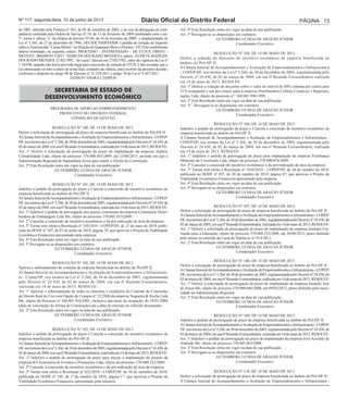 Nº 117, segunda-feira, 10 de junho de 2013 Diário Oficial do Distrito Federal Página 13 
de 2001, alterado pela Portaria nº 563, de 05 de setembro de 2002, e no uso da delegação de com-petência 
conferida pela Ordem de Serviço nº 10, de 13 de fevereiro de 2009 combinado com o art. 
1º, inciso I, alínea “a” da Ordem de Serviço Nº 06, de 16 de fevereiro de 2009 , e fundamentado na 
Lei nº 1.343, de 27 de dezembro de 1996, DECIDE INDEFERIR o pedido de isenção do Imposto 
sobre a Transmissão “Causa Mortis” ou Doação de Quaisquer Bens e Direitos - ITCD ao contribuinte 
abaixo nominado, na seguinte ordem: PROCESSO – INTERESSADO – DE CUJUS, ÓBITO – 
MOTIVO : 0042001011/2013 , MARCOS DOURADO MENDES e outros , EUDETE MATILDE 
DOURADO MENDES, 27/02/1992, “de cujus” faleceu em 27/02/1992, antes da vigência da Lei nº 
1.343/96, quando não havia previsão legal para concessão de isenção de ITCD. Cabe ressaltar que o 
(a) interessado (a) tem o prazo de trinta dias, contados da ciência, para recorrer da presente decisão, 
conforme o disposto no artigo 98 do Decreto nº 33.239/2011 e artigo 70 da Lei nº 4.567/2011. 
JADSON VIEIRA CAMPOS 
SECRETARIA DE ESTADO DE 
DESENVOLVIMENTO ECONÔMICO 
PROGRAMA DE APOIO AO EMPREENDIMENTO 
PRODUTIVO DO DISTRITO FEDERAL 
CONSELHO DE GESTÃO 
RESOLUÇÃO Nº 100, DE 14 DE MAIO DE 2013. 
Defere a solicitação de prorrogação de prazo de empresa beneficiada no âmbito do Pró-DF II. 
A Câmara Setorial de Acompanhamento e Avaliação de Empreendimentos e Infraestrutura - COPEP/ 
DF, nos termos da Lei nº 3.266, de 30 de dezembro de 2003, regulamentada pelo Decreto nº 24.430, de 
02 de março de 2004, em sua 6ª Reunião Extraordinária, realizada em 14 de maio de 2013, RESOLVE: 
Art. 1º Deferir a solicitação de prorrogação de prazo de implantação da empresa Análise 
Contabilidade Ltda, objeto do processo 370.000.443/2009, até 23/06/2013, período em que a 
Administração Regional de Samambaia levou para emitir o Alvará de Construção. 
Art. 2º Esta Resolução entra em vigor na data de sua publicação. 
GUTEMBERG UCHOA DE ARAÚJO JÚNIOR 
Coordenador Executivo 
RESOLUÇÃO Nº 101, DE 14 DE MAIO DE 2013. 
Indefere o pedido de prorrogação de prazo e Cancela a concessão de incentivo econômico de 
empresa beneficiada no âmbito do Pró-DF II. 
A Câmara Setorial de Acompanhamento e Avaliação de Empreendimentos e Infraestrutura - COPEP/ 
DF, nos termos da Lei nº 3.266, de 30 de dezembro de 2003, regulamentada pelo Decreto nº 24.430, de 
02 de março de 2004, em sua 6ª Reunião Extraordinária, realizada em 14 de maio de 2013, RESOLVE: 
Art. 1º Indeferir o pedido de prorrogação dos prazos contratuais da empresa Centropack Distri-buidora 
de Embalagens Ltda Me, objeto do processo 370.001.053/2009. 
Art. 2º Cancelar a concessão do incentivo econômico e da pré-indicação de área da empresa. 
Art. 3º Tornar sem efeito a Resolução nº 338/2010 - COPEP/DF, de 27 de maio de 2010, publi-cada 
no DODF nº 107, de 07 de junho de 2010, página 29, que aprovou o Projeto de Viabilidade 
Econômico-Financeira apresentado pela empresa. 
Art. 4º Esta Resolução entra em vigor na data de sua publicação. 
Art. 5º Revogam-se as disposições em contrário. 
GUTEMBERG UCHOA DE ARAÚJO JÚNIOR 
Coordenador Executivo 
RESOLUÇÃO Nº 102, DE 14 DE MAIO DE 2013. 
Aprova o sobrestamento do contrato de empresa beneficiada no âmbito do Pró/DF II. 
A Câmara Setorial de Acompanhamento e Avaliação de Empreendimentos e Infraestrutu-ra 
- Copep/DF, nos termos da Lei nº 3.266, de 30 de dezembro de 2003, regulamentada 
pelo Decreto nº 24.430, de 02 de março de 2004, em sua 6ª Reunião Extraordinária, 
realizada em 14 de maio de 2013, RESOLVE: 
Art. 1º Aprovar o sobrestamento de todas as cláusulas e condições do Contrato de Concessão 
de Direito Real de Uso com Opção de Compra nº 32/2008 da empresa Nogueira & Rocha Ltda 
Me, objeto do Processo nº 160.001.916/2001, inclusive das taxas de ocupação, de 28/01/2009 
(data de solicitação do Alvará de Construção) até a data de emissão do referido documento. 
Art. 2º Esta Resolução entra em vigor na data de sua publicação. 
GUTEMBERG UCHOA DE ARAÚJO JÚNIOR 
Coordenador Executivo 
RESOLUÇÃO Nº 103, DE 14 DE MAIO DE 2013. 
Indefere o pedido de prorrogação de prazo e Cancela a concessão de incentivo econômico de 
empresa beneficiada no âmbito do Pró-DF II. 
A Câmara Setorial de Acompanhamento e Avaliação de Empreendimentos e Infraestrutura - COPEP/ 
DF, nos termos da Lei nº 3.266, de 30 de dezembro de 2003, regulamentada pelo Decreto nº 24.430, de 
02 de março de 2004, em sua 6ª Reunião Extraordinária, realizada em 14 de maio de 2013, RESOLVE: 
Art. 1º Indeferir o pedido de prorrogação de prazo para iniciar a implantação do projeto da 
empresa KS Assessoria de Eventos e Promoções Ltda, objeto do processo 370.000.323/2009. 
Art. 2º Cancelar a concessão do incentivo econômico e da pré-indicação de área da empresa. 
Art. 3º Tornar sem efeito a Resolução nº 822/2010 - COPEP/DF, de 30 de setembro de 2010, 
publicada no DODF nº 189, de 1º de outubro de 2010, página 17, que aprovou o Projeto de 
Viabilidade Econômico-Financeira apresentado pela empresa. 
Art. 4º Esta Resolução entra em vigor na data de sua publicação. 
Art. 5º Revogam-se as disposições em contrário. 
GUTEMBERG UCHOA DE ARAÚJO JÚNIOR 
Coordenador Executivo 
RESOLUÇÃO Nº 104, DE 14 DE MAIO DE 2013. 
Defere a redução do desconto de incentivo econômico de empresa beneficiada no 
âmbito do Pró-DF II. 
A Câmara Setorial de Acompanhamento e Avaliação de Empreendimentos e Infraestrutura 
- COPEP/DF, nos termos da Lei nº 3.266, de 30 de dezembro de 2003, regulamentada pelo 
Decreto nº 24.430, de 02 de março de 2004, em sua 6ª Reunião Extraordinária realizada 
em 14 de maio de 2013, RESOLVE: 
Art. 1º Deferir a redução do desconto sobre o valor do imóvel de 80% (oitenta por cento) para 
51% (cinquenta e um por cento), para a empresa Distribuidora Colônia Comércio e Represen-tações 
Ltda, objeto do processo n°. 160.001.996/1999. 
Art. 2º Esta Resolução entra em vigor na data de sua publicação. 
Art. 3° - Revogam-se as disposições em contrário. 
GUTEMBERG UCHOA DE ARAÚJO JÚNIOR 
Coordenador Executivo 
RESOLUÇÃO Nº 106, DE 14 DE MAIO DE 2013. 
Indefere o pedido de prorrogação de prazo e Cancela a concessão de incentivo econômico de 
empresa beneficiada no âmbito do Pró-DF II. 
A Câmara Setorial de Acompanhamento e Avaliação de Empreendimentos e Infraestrutura - 
COPEP/DF, nos termos da Lei nº 3.266, de 30 de dezembro de 2003, regulamentada pelo 
Decreto nº 24.430, de 02 de março de 2004, em sua 6ª Reunião Extraordinária, realizada 
em 14 de maio de 2013, RESOLVE: 
Art. 1º Indeferir o pedido de prorrogação de prazo para implantação da empresa Vizinhança 
Materiais de Construção Ltda, objeto do processo 370.000.076/2009. 
Art. 2º Cancelar a concessão do incentivo econômico e da pré-indicação de área da empresa. 
Art. 3º Tornar sem efeito a Resolução nº 1010/2010 - COPEP/DF, de 26 de outubro de 2010, 
publicada no DODF nº 207, de 28 de outubro de 2010, página 07, que aprovou o Projeto de 
Viabilidade Econômico-Financeira apresentado pela empresa. 
Art. 4º Esta Resolução entra em vigor na data de sua publicação. 
Art. 5º Revogam-se as disposições em contrário. 
GUTEMBERG UCHOA DE ARAÚJO JÚNIOR 
Coordenador Executivo 
RESOLUÇÃO Nº 107, DE 14 DE MAIO DE 2013. 
Defere a solicitação de prorrogação de prazo de empresa beneficiada no âmbito do Pró-DF II. 
A Câmara Setorial de Acompanhamento e Avaliação de Empreendimentos e Infraestrutura - COPEP/ 
DF, nos termos da Lei nº 3.266, de 30 de dezembro de 2003, regulamentada pelo Decreto nº 24.430, de 
02 de março de 2004, em sua 6ª Reunião Extraordinária, realizada em 14 de maio de 2013, RESOLVE: 
Art. 1º Deferir a solicitação de prorrogação do prazo de implantação da empresa Instituto For-mação 
para a Educação, objeto do processo 370.000.553/2008, até 26/06/2012, prazo definido 
pelo atraso na emissão da Carta de Habite-se nº 014/2012. 
Art. 2º Esta Resolução entra em vigor na data de sua publicação. 
GUTEMBERG UCHOA DE ARAÚJO JÚNIOR 
Coordenador Executivo 
RESOLUÇÃO Nº 108, DE 14 DE MAIO DE 2013. 
Defere a solicitação de prorrogação de prazo de empresa beneficiada no âmbito do Pró-DF II. 
A Câmara Setorial de Acompanhamento e Avaliação de Empreendimentos e Infraestrutura - COPEP/ 
DF, nos termos da Lei nº 3.266, de 30 de dezembro de 2003, regulamentada pelo Decreto nº 24.430, de 
02 de março de 2004, em sua 6ª Reunião Extraordinária, realizada em 14 de maio de 2013, RESOLVE: 
Art. 1º Deferir a solicitação de prorrogação do prazo de implantação da empresa Jurandir José 
de Sousa Me, objeto do processo 370.000.686/2008, até 09/02/2013, prazo definido pela moro-sidade 
na Administração Regional. 
Art. 2º Esta Resolução entra em vigor na data de sua publicação. 
GUTEMBERG UCHOA DE ARAÚJO JÚNIOR 
Coordenador Executivo 
RESOLUÇÃO Nº 109, DE 14 DE MAIO DE 2013. 
Indefere o pedido de prorrogação de prazo de empresa beneficiada no âmbito do Pró-DF II. 
A Câmara Setorial de Acompanhamento e Avaliação de Empreendimentos e Infraestrutura - COPEP/ 
DF, nos termos da Lei nº 3.266, de 30 de dezembro de 2003, regulamentada pelo Decreto nº 24.430, de 
02 de março de 2004, em sua 6ª Reunião Extraordinária, realizada em 14 de maio de 2013, RESOLVE: 
Art. 1º Indeferir o pedido de prorrogação de prazo de implantação da empresa José Acreildo de 
Andrade Me, objeto do processo 370.001.063/2008. 
Art. 2º Esta Resolução entra em vigor na data de sua publicação. 
Art. 3º Revogam-se as disposições em contrário. 
GUTEMBERG UCHOA DE ARAÚJO JÚNIOR 
Coordenador Executivo 
RESOLUÇÃO Nº 110, DE 14 DE MAIO DE 2013. 
Defere a solicitação de prorrogação de prazo de empresa beneficiada no âmbito do Pró-DF II. 
A Câmara Setorial de Acompanhamento e Avaliação de Empreendimentos e Infraestrutura - 
 