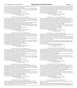 Nº 117, segunda-feira, 10 de junho de 2013 Diário Oficial do Distrito Federal Página 15 
Art. 1º Cancelar a concessão do incentivo econômico e da pré-indicação de área da empresa Clei 
dos Reis Barros Me, objeto do processo 160.000.274/2001. 
Art. 2º Excluir a empresa da Resolução nº 378/06 - COPEP/DF, de 20 de junho de 2006, publicada 
no DODF nº 123, de 29 de junho de 2006, páginas 13 e 14, que aprovou o Projeto de Viabilidade 
Econômico-Financeira apresentado pela empresa. 
Art. 3º Esta Resolução entra em vigor na data de sua publicação. 
Art. 4º Revogam-se as disposições em contrário. 
GUTEMBERG UCHOA DE ARAÚJO JÚNIOR 
Coordenador Executivo 
RESOLUÇÃO Nº 124, DE 14 DE MAIO DE 2013. 
Cancela a concessão de incentivo econômico de empresa beneficiada no âmbito do Pró-DF. 
A Câmara Setorial do Comércio - COPEP/DF, nos termos da Lei nº 3.266, de 30 de dezembro 
de 2003, regulamentada pelo Decreto nº 24.430, de 02 de março de 2004, em sua 13ª Reunião 
Extraordinária, realizada em 14 de maio de 2013, RESOLVE: 
Art. 1º Cancelar a concessão do incentivo econômico e da pré-indicação de área da empresa Nova 
Semente Comércio e Representação Ltda, objeto do processo 160.001.525/1999. 
Art. 2º Excluir a empresa da Resolução nº 43/00 - CPDI/DF, de 29 de junho de 2000, publicada 
no DODF nº 124, de 30 de junho de 2000, páginas 11 a 13, que aprovou o Projeto de Viabilidade 
Econômico-Financeira apresentado pela empresa. 
Art. 3º Esta Resolução entra em vigor na data de sua publicação. 
Art. 4º Revogam-se as disposições em contrário. 
GUTEMBERG UCHOA DE ARAÚJO JÚNIOR 
Coordenador Executivo 
RESOLUÇÃO Nº 125, DE 14 DE MAIO DE 2013. 
Cancela a concessão de incentivo econômico de empresa beneficiada no âmbito do Pró-DF. 
A Câmara Setorial do Comércio - COPEP/DF, nos termos da Lei nº 3.266, de 30 de dezembro 
de 2003, regulamentada pelo Decreto nº 24.430, de 02 de março de 2004, em sua 13ª Reunião 
Extraordinária, realizada em 14 de maio de 2013, RESOLVE: 
Art. 1º Cancelar a concessão do incentivo econômico e da pré-indicação de área da empresa Nair 
Gomes dos Santos Me, objeto do processo 160.002.750/1999. 
Art. 2º Excluir a empresa da Resolução nº 101/00 - CPDI/DF, de 28 de outubro de 2000, publi-cada 
no DODF nº 229, de 04 de dezembro de 2000, páginas 19 a 21, que aprovou o Projeto de 
Viabilidade Econômico-Financeira apresentado pela empresa. 
Art. 3º Esta Resolução entra em vigor na data de sua publicação. 
Art. 4º Revogam-se as disposições em contrário. 
GUTEMBERG UCHOA DE ARAÚJO JÚNIOR 
Coordenador Executivo 
RESOLUÇÃO Nº 126, DE 14 DE MAIO DE 2013. 
Cancela a concessão de incentivo econômico de empresa beneficiada no âmbito do Pró-DF. 
A Câmara Setorial do Comércio - COPEP/DF, nos termos da Lei nº 3.266, de 30 de dezembro 
de 2003, regulamentada pelo Decreto nº 24.430, de 02 de março de 2004, em sua 13ª Reunião 
Extraordinária, realizada em 14 de maio de 2013, RESOLVE: 
Art. 1º Cancelar a concessão do incentivo econômico e da pré-indicação de área da empresa A 
M da Costa Silva Me, objeto do processo 160.001.506/2001. 
Art. 2º Excluir a empresa da Resolução nº 11/02 - CPDI/DF, de 14 de março de 2002, publicada 
no DODF nº 57, de 25 de março de 2002, páginas 11 a 15, que aprovou o Projeto de Viabilidade 
Econômico-Financeira apresentado pela empresa. 
Art. 3º Esta Resolução entra em vigor na data de sua publicação. 
Art. 4º Revogam-se as disposições em contrário. 
GUTEMBERG UCHOA DE ARAÚJO JÚNIOR 
Coordenador Executivo 
RESOLUÇÃO Nº 127, DE 14 DE MAIO DE 2013. 
Cancela a concessão de incentivo econômico de empresa beneficiada no âmbito do Pró-DF. 
A Câmara Setorial do Comércio - COPEP/DF, nos termos da Lei nº 3.266, de 30 de dezembro 
de 2003, regulamentada pelo Decreto nº 24.430, de 02 de março de 2004, em sua 13ª Reunião 
Extraordinária, realizada em 14 de maio de 2013, RESOLVE: 
Art. 1º Cancelar a concessão do incentivo econômico e da pré-indicação de área da empresa 
Distribuidora de Doces Lima Ltda, objeto do processo 160.001.515/2001. 
Art. 2º Excluir a empresa da Resolução nº 01/02 - CPDI/DF, de 05 de fevereiro de 2002, pu-blicada 
no DODF nº 28, de 08 de fevereiro de 2002, páginas 21 a 23, que aprovou o Projeto de 
Viabilidade Econômico-Financeira apresentado pela empresa. 
Art. 3º Esta Resolução entra em vigor na data de sua publicação. 
Art. 4º Revogam-se as disposições em contrário. 
GUTEMBERG UCHOA DE ARAÚJO JÚNIOR 
Coordenador Executivo 
RESOLUÇÃO Nº 128, DE 14 DE MAIO DE 2013. 
Cancela a concessão de incentivo econômico de empresa beneficiada no âmbito do Pró-DF. 
A Câmara Setorial do Comércio - COPEP/DF, nos termos da Lei nº 3.266, de 30 de dezembro 
de 2003, regulamentada pelo Decreto nº 24.430, de 02 de março de 2004, em sua 13ª Reunião 
Extraordinária, realizada em 14 de maio de 2013, RESOLVE: 
Art. 1º Cancelar a concessão do incentivo econômico e da pré-indicação de área da empresa Prin-max 
Comércio, Serviços e Confecções de Etiquetas Ltda, objeto do processo 160.000.581/1999. 
Art. 2º Excluir a empresa da Resolução nº 15/2001 - CPDI/DF, de 19 de março de 2001, publi-cada 
no DODF nº 67, de 06 de abril de 2001, página 17, que aprovou o Projeto de Viabilidade 
Econômico-Financeira apresentado pela empresa. 
Art. 3º Esta Resolução entra em vigor na data de sua publicação. 
Art. 4º Revogam-se as disposições em contrário. 
GUTEMBERG UCHOA DE ARAÚJO JÚNIOR 
Coordenador Executivo 
RESOLUÇÃO Nº 137, DE 14 DE MAIO DE 2013. 
Cancela a concessão de incentivo econômico de empresa beneficiada no âmbito do Pró-DF. 
A Câmara Setorial de Serviços, Turismo e Hospitalidade - COPEP/DF, nos termos da Lei nº 
3.266, de 30 de dezembro de 2003, regulamentada pelo Decreto nº 24.430, de 02 de março de 
2004, em sua 13ª Reunião Extraordinária, realizada em 14 de maio de 2013, RESOLVE: 
Art. 1º Cancelar a concessão do incentivo econômico e da pré-indicação de área da empresa 
Antônio Braga de Oliveira Me, objeto do processo 160.001.691/2000. 
Art. 2º Excluir a empresa da Resolução nº 91/01 - CPDI/DF, de 28 de setembro de 2001, pu-blicada 
no DODF nº 191, de 03 de outubro de 2001, páginas 11 a 14, que aprovou o Projeto de 
Viabilidade Econômico-Financeira apresentado pela empresa. 
Art. 3º Esta Resolução entra em vigor na data de sua publicação. 
Art. 4º Revogam-se as disposições em contrário. 
GUTEMBERG UCHOA DE ARAÚJO JÚNIOR 
Coordenador Executivo 
RESOLUÇÃO Nº 151, DE 23 DE ABRIL DE 2013. 
Defere revisão de limite autorizado para financiamento ao empreendimento pelo tempo de fruição 
previsto para o incentivo creditício de beneficiada no âmbito do Pró-DF II. 
A Câmara Setorial de Acompanhamento e Avaliação de Empreendimentos e Infraestrutura 
- COPEP/DF, nos termos da Lei nº 3.266, de 30 de dezembro de 2003, regulamentada 
pelo Decreto nº 24.430, de 02 de março de 2004, em sua 54ª Reunião Ordinária, realizada 
em 23 de abril de 2013, RESOLVE: 
Art. 1º Deferir o aditamento do valor global autorizado de financiamento da empresa Ciplan – 
Cimentos Planalto S/A, objeto do processo 160.000.589/1992, para R$ 391.000.000,00 (trezentos 
e noventa e um milhões). 
Art. 2º Esta Resolução entra em vigor na data de sua publicação. 
GUTEMBERG UCHOA DE ARAÚJO JÚNIOR 
Coordenador Executivo 
RESOLUÇÃO Nº 154, DE 21 DE MAIO DE 2013. 
Cancela a concessão de incentivo econômico de empresa beneficiada no âmbito do Pró-DF. 
A Câmara Setorial do Comércio - COPEP/DF, nos termos da Lei nº 3.266, de 30 de dezembro 
de 2003, regulamentada pelo Decreto nº 24.430, de 02 de março de 2004, em sua 96ª Reunião 
Ordinária, realizada em 21 de maio de 2013, RESOLVE: 
Art. 1º Cancelar a concessão do incentivo econômico e da pré-indicação de área da empresa JP 
de Sousa Me, objeto do processo 160.001.003/2000. 
Art. 2º Excluir a empresa da Resolução nº 119/01 - CPDI/DF, de 29 de novembro de 2001, pu-blicada 
no DODF nº 233, de 07 de dezembro de 2001, páginas 23 a 26, que aprovou o Projeto 
de Viabilidade Econômico-Financeira apresentado pela empresa. 
Art. 3º Esta Resolução entra em vigor na data de sua publicação. 
Art. 4º Revogam-se as disposições em contrário. 
GUTEMBERG UCHOA DE ARAÚJO JÚNIOR 
Coordenador Executivo 
RESOLUÇÃO Nº 169, DE 21 DE MAIO DE 2013. 
Cancela a concessão de incentivo econômico de empresa beneficiada no âmbito do Pró-DF. 
A Câmara Setorial de Serviços, Turismo e Hospitalidade - COPEP/DF, nos termos da Lei nº 
3.266, de 30 de dezembro de 2003, regulamentada pelo Decreto nº 24.430, de 02 de março de 
2004, em sua 99ª Reunião Ordinária, realizada em 21 de maio de 2013, RESOLVE: 
Art. 1º Cancelar a concessão do incentivo econômico e da pré-indicação de área da empresa 
Lindson Marques dos Santos Me, objeto do processo 160.001.951/2000. 
Art. 2º Excluir a empresa da Resolução nº 91/01 - CPDI/DF, de 28 de setembro de 2001, pu-blicada 
no DODF nº 191, de 03 de outubro de 2001, páginas 11 a 14, que aprovou o Projeto de 
Viabilidade Econômico-Financeira apresentado pela empresa. 
Art. 3º Esta Resolução entra em vigor na data de sua publicação. 
Art. 4º Revogam-se as disposições em contrário. 
GUTEMBERG UCHOA DE ARAÚJO JÚNIOR 
Coordenador Executivo 
RESOLUÇÃO Nº 175, DE 07 DE JUNHO DE 2013. 
Defere a emissão do Atestado de Implantação Definitivo de empresa beneficiada no 
âmbito do Pró-DF II. 
A Câmara Setorial de Acompanhamento e Avaliação de Empreendimentos e Infraestrutura - CO-PEP/ 
DF, nos termos da Lei nº 3.266, de 30 de dezembro de 2003, regulamentada pelo Decreto 
 