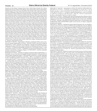 Página 34 Diário Oficial do Distrito Federal Nº 117, segunda-feira, 10 de junho de 2013 
Gonçalves da Silva Batista, Domingas Pereira Torres, Edelise Maria Carvalho Silva, Edineia 
Valquiria Silva de Lima, Elaine Ferreira Albernaz, Eleusa Sousa da Silva, Eleyne Cunha Siqueira, 
Elizabeth Viana de Oliveira de Souza, Ellen Ribeiro Paiva de Melo, Ellen Teodoro da Silva, Érika 
Larissa de Albuquerque Caiana, Eunice Oliveira dos Santos, Evani Soares dos Santos, Francieli 
Reis Nascimento, Francisca Helenícia Fernandes Sarmento, Gely Barbosa de Brito de Oliveira, 
Geneci Moreira dos Santos, Germozina Carvalho dos Reis Menezes, Gildo Giassi, Gisele Jesus da 
Silva, Gislene Oliveira Lima, Guiomar Rodrigues Rodovalho, Helem Evangelista Braga, Herica 
Werbenia de Souza Alves, Hilariana Maria de Oliveira, Irilene Marçal Alves de Azevedo, Jane 
Márcia Ferreira de Almeida Reis, Janine Vasco Lima, Jasse Gama Barbosa, Jomara Rebouças 
Simões, José Ricardo Azevedo da Silva, Josiany Fontenele de Oliveira, Juliana de Faria Pinheiro, 
Keyla Alves de Sousa Lacerda, Layse Campos Luz, Leda Torres de Azevedo, Lidia Rodrigues 
Santos, Lidiane Cardoso da Silva, Lidiene Alves de Souza, Lucélia Alves de Oliveira, Lucilene 
Barbosa Gomes Gava, Lucy Maria Grille de LIma Guimaraes, Maria Aparecida de Paiva, Maria 
Auxiliadora de Resende, Maria Cristiane de Araújo, Maria de Fatima Holanda Sousa, Maria 
de Lourdes Franca da Costa, Maria do Carmo de Sousa Gomes, Maria dos Remedios Costa do 
Amaral, Maria Eleny Ferreira, Maria Eliene Pereira de Araújo, Maria Izabel Carvalho Silva, 
Maria Jose Alves, Maria Silvany Rodrigues da Silva Gomes, Marlene Jose da Silva, Marli Bispo 
de Macedo, Marta Miranda da Silva Ponte, Mayara Felipe Araujo, Mérian Lucas de Freitas Rosa, 
Nadia Paula Paes de Santi, Raimunda Nonata de Carvalho, Rone Barbosa de Jesus, Roseanne 
Teixeira Trindade, Rosemeire Costa da Silva Candido, Sabrina Guimarães do Santo Costa, 
Sandra Francisca Costa de Oliveira, Siberia Maria Menezes Brandão, Sirlene Gonçalves dos 
Santos, Solange Alencar Cardins, Soraya Gorayeb, Valdirene Rodrigues dos Santos, Valdizia 
Apolinario da Silva, Vanessa Xavier de Sousa Casagrande, Vanusa Almeida Oliveira, Verônica 
Aráujo de Souza, Verônica dos Santos Pereira, Vilma Alves Campos e Zeneuda Souza de Brito; 
II – autorizar o arquivamento dos autos. 
PROCESSO Nº 8296/2013 - Representação nº 002/2013, do Ministério Público junto à Corte, 
acerca de supostas irregularidades no Convênio - SESP/DF nº 06/2012, bem como no Edital de 
Chamamento nº 23/2012, requerendo, por conseguinte, a realização de procedimentos de fisca-lização 
para que sejam esclarecidos os pontos indicados na aludida peça ministerial. DECISÃO 
Nº 2309/2013 - O Tribunal, por unanimidade, de acordo com o voto do Relator, decidiu: I - tomar 
conhecimento do Ofício nº 227/2013 – GAB/SESP e da respectiva documentação anexa, enca-minhada 
em atendimento ao Despacho Singular nº 167/2013-CRR; II - autorizar a apensação 
dos autos ao Processo nº 1810/2013. 
PROCESSO Nº 9578/2013 - Admissões no emprego de Agente de Suporte Administrativo, es-pecialidade: 
Serviços Comerciais, da Companhia Energética de Brasília - CEB, decorrentes do 
concurso público regulado pelo Edital nº 1/2009, publicado no DODF de 01/10/2009, cadastradas 
no Sistema de Registro de Admissões e Concessões – SIRAC, em cumprimento à Resolução 
TCDF n.º 168/2004. DECISÃO Nº 2310/2013 - O Tribunal, por unanimidade, de acordo com o 
voto do Relator, decidiu: I – tomar conhecimento das fichas admissionais juntadas às fls. 1 a 12; 
II – considerar legais, para fins de registro, em atendimento ao art. 78, inciso III, da LODF, as 
seguintes admissões no emprego de Agente de Suporte Administrativo, especialidade: Serviços 
Comerciais, da Companhia Energética de Brasília - CEB, decorrentes do concurso público re-gulado 
pelo Edital no 1/2009, publicado no DODF de 01/10/2009: Andreia dos Santos Estrela 
Brito, Daniela Rodrigues de Melo, Douglas Rodrigues do Nascimento, Edneia Costa de Godoi 
Soares, Gisia Daiane Batista Moreira, Jalda Marilia Xavier, Karina Aparecida Ferreira Dantas 
de Freitas, Naiara Fruteiro Portela, Pedro Alexandre Silva Pacheco, Rachel Bessa Rodrigues, 
Raquel Costa de Souza, Wires Santos Silva; III – autorizar o arquivamento dos autos. 
PROCESSO Nº 9586/2013 - Admissões no emprego de Técnico Industrial, especialidade: Eletro-técnico, 
da Companhia Energética de Brasília - CEB, decorrentes do concurso público regulado 
pelo Edital no 1/2009, publicado no DODF de 01/10/2009, cadastradas no Sistema de Registro 
de Admissões e Concessões – SIRAC, em cumprimento à Resolução TCDF n.º 168/2004. DE-CISÃO 
Nº 2311/2013 - O Tribunal, por unanimidade, de acordo com o voto do Relator, decidiu: 
I – tomar conhecimento das fichas admissionais juntadas às fls. 1 a 22; II – considerar legais, 
para fins de registro, em atendimento ao art. 78, inciso III, da LODF, as seguintes admissões no 
emprego de Técnico Industrial, especialidade: Eletrotécnico, da Companhia Energética de Brasí-lia 
- CEB, decorrentes do concurso público regulado pelo Edital no 1/2009, publicado no DODF 
de 01/10/2009: Bruna Guimarães Oliveira, Cleiton Pereira Felinto, Cleuber Barros Marques, 
Douglas Medeiros do Nascimento, Edson Angelo dos Santos, Everton Senger, Gleidson Costa 
Xavier, Jesse James Gomes de Sá, João Gomes Matos Junior, Josiel de Oliveira Silva, Kamila 
Franco Paiva, Luiz Felipe Silva Rocha, Marcos Vinicius Machado Oliveira, Monique Kelly 
Rocha da SIlva, Philipe Vilela Souza, Romulo Fagner de Brito, Sandro Pereira Dutra, Sergio 
Pereira da Silva, Suelen Cardoso de Almeida, Tiarles Lourenco dos Santos, Ubirajara Silva de 
Oliveira, Valdeci Gomes Pereira; III – autorizar o arquivamento dos autos. 
PROCESSO Nº 15610/2013 - Pedido de prorrogação de prazo formulado pela Secretaria de 
Estado de Transparência e Controle do Distrito Federal, por intermédio do Ofício nº 528/2013- 
GAB/STC e anexos, fls. 01/177, para encaminhar a este Tribunal os processos de aposentadorias, 
pensões e reformas relacionados no anexo do Memorando nº 17/2013-CONAP/CONT/STC. DE-CISÃO 
Nº 2312/2013 - O Tribunal, por unanimidade, de acordo com o voto do Relator, decidiu: 
I - tomar conhecimento dos documentos de fls. 01/177; II - conceder à Secretaria de Estado de 
Transparência e Controle do Distrito Federal a prorrogação de prazo por 180 (cento e oitenta) 
dias, a contar de 29.04.2013, para encaminhar a este Tribunal os processos de aposentadorias, 
pensões e reformas relacionados no anexo do Memorando nº 17/2013-CONAP/CONT/STC; 
III - determinar a devolução dos autos à SEFIPE, para os devidos fins. 
RELATADOS PELA CONSELHEIRA ANILCÉIA LUZIA MACHADO 
PROCESSO Nº 4646/1995 - Aposentadoria de DINAH DE FREITAS FERNANDES-SES. 
DECISÃO Nº 2313/2013 - O Tribunal, por unanimidade, de acordo com o voto da 
Relatora, decidiu: I - tomar conhecimento dos documentos de fls. 23, 25 e 28 - apenso 
nº 061.002.912/95-GDF; II – considerar cumprido integralmente o item b da Decisão 
nº 6.848/99 (fl. 20 apenso nº 061.002.912/95 – GDF); III - autorizar o arquivamento 
do feito e a devolução do apenso ao órgão de origem. 
PROCESSO Nº 1278/2001 - Tomada de contas especial instaurada pela Polícia Militar do Distrito 
Federal, com o fito de apurar responsabilidades pelo pagamento indevido de benefícios a militares 
integrantes da Força de Paz da Organização das Nações Unidas em Timor Leste. DECISÃO 
Nº 2273/2013 - Havendo o representante do Ministério Público junto à Corte Procurador-Geral 
DEMÓSTENES TRES ALBUQUERQUE pedido vista do processo, foi adiado o julgamento 
da matéria nele constante. 
PROCESSO Nº 7200/2010 - Contratação da empresa Ipanema Segurança Ltda., por emergência, 
com base no inciso IV do art. 24 da Lei nº 8.666/93, para a prestação de serviços de vigilância 
armada, diurna e noturna, nas Unidades Básicas de Saúde da Família da Secretaria de Estado de 
Saúde, pelo período de seis meses. DECISÃO Nº 2314/2013 - O Tribunal, por unanimidade, de 
acordo com o voto da Relatora, decidiu: I - tomar conhecimento do Recurso de Reconsideração 
(fls. 212/232 e anexos, fls. 233/234) interposto pelo nomeado no § 8º da Informação nº 119/13, 
em face dos itens II e IV da Decisão nº 473/13, nos termos do art. 34 da Lei Complementar nº 
1/94, c/c o art. 189 do RI/TCDF e o art. 1º da Resolução TCDF nº 183/07, com efeito suspensi-vo; 
II – conceder ao nomeado no § 9º da Informação nº 119/13 a prorrogação de 30 (trinta) dias 
para interposição de recurso; III - dar ciência desta deliberação ao recorrente indicado no § 8º da 
Informação nº 119/13, em face do disposto no art. 4º, § 2º, da Resolução TCDF nº 183/07, e ao 
requerente nomeado no § 9º da mesma informação; IV - autorizar o retorno dos autos à Secretaria 
de Contas para análise de mérito da peça recursal e demais providências. 
PROCESSO Nº 2195/2012 - Aposentadoria de EVANILDE MARIA LEMOS-SES. DECISÃO 
Nº 2315/2013 - O Tribunal, por unanimidade, de acordo com o voto da Relatora, decidiu: I – dar 
por cumprida a Decisão nº 2407/12 (fl. 10), reiterada pelo Despacho Singular nº 017/13-GCAM 
(fls. 15/16); II – considerar legal, para fins de registro, a concessão em exame, ressalvando que a 
regularidade das parcelas do abono provisório será verificada na forma do item I da Decisão nº 
77/07, adotada no Processo nº 24.185/07; III – autorizar o arquivamento do feito e a devolução 
do apenso ao órgão de origem. 
PROCESSO Nº 12803/2012 - Relatório de Gestão Fiscal do Poder Executivo do Distrito Federal, 
relativo ao 3º quadrimestre de 2012, com vistas a aferir a sua conformidade com as disposições 
da Lei Complementar nº 101/00 – LRF, em especial os arts. 54 e 55, bem assim com as decisões 
desta Corte e demais normas pertinentes ao tema. DECISÃO Nº 2280/2013 - O Tribunal, por 
unanimidade, de acordo com o voto da Relatora, decidiu: I - tomar conhecimento: a) do Relatório 
de Gestão Fiscal – RGF do Poder Executivo do Distrito Federal, referente ao 3º quadrimestre de 
2012, publicado no DODF de 30.01.13; b) do Roteiro de Acompanhamento e Análise do RGF 
do Poder Executivo do Distrito Federal, relativo ao 3º quadrimestre de 2012; c) da Informação 
SEGEF nº 013/2013 (142/157) e do despacho de fls. 158/162; II - ressalvados os apontamentos 
registrados na Informação SEGEF nº 013/2013, especialmente quanto aos valores registrados em 
precatórios judiciais, considerar cumpridos, em relação ao 3º quadrimestre de 2012, os limites 
de despesas com pessoal, de endividamento e de contratação de operações de crédito, bem como 
atendidas as exigências constantes dos arts. 54 e 55 da Lei Complementar nº 101/00 (Lei de 
Responsabilidade Fiscal – LRF), quanto à publicação do Relatório de Gestão Fiscal em exame; 
III - em cumprimento ao disposto no art. 59, § 1º, inciso II, da Lei Complementar nº 101/00, 
alertar o Senhor Governador do Distrito Federal e a Secretaria de Estado Fazenda do Distrito 
Federal quanto à extrapolação, ocorrida no 3º quadrimestre de 2012, de 90% do limite máximo 
de 49% estabelecido para as despesas com pessoal do Poder Executivo local; IV - em face da 
existência de contrato de Parceria Público-Privada em execução na administração pública local, 
determinar à Secretaria de Estado de Fazenda do Distrito Federal que, levando em consideração 
as normas estabelecidas na Portaria/STN nº 614/06, e demais legislação correlata, passe a incluir, 
no Demonstrativo da Dívida Consolidada Líquida constante dos RGF’s, informações relativas a 
dívidas provenientes desse tipo de contratação; V - determinar ao Conselho Gestor de Parcerias 
Público-Privadas do Distrito Federal – CGP que, em observância ao disposto no art. 11, da 
Resolução/TCDF nº 189/08, no art. 14, §§ 4º e 5º, da Lei nº 3.792/06, e no art. 3º, inciso VII, 
do seu Regimento, disponibilize na internet e publique no Diário Oficial do Distrito Federal, 
até 30 (tinta) dias após o encerramento do terceiro quadrimestre do exercício correspondente, 
relatório anual de desempenho dos contratos de Parcerias Público-Privadas – PPPs; VI - no que 
refere ao exercício de 2012, determinar ao mesmo Conselho Gestor que a exigência contida no 
anterior item V seja cumprida no prazo de 30 (trinta) dias após tomar conhecimento desta deci-são; 
VII - tendo em conta que na LDO/2013 não constou disposição semelhante àquela do art. 
85 da Lei nº 4.614/11 (LDO/2012), relevar o descumprimento desse dispositivo, em 2012, pela 
Secretaria de Estado de Planejamento e Orçamento do Distrito Federal; VIII - considerando que 
a matéria tratada nos autos em apreço pode ser objeto de acompanhamento nos processos que 
tratarão das publicações futuras dos correspondentes RGFs do Poder Executivo do DF, autorizar 
o arquivamento dos autos em exame, sem prejuízo de futuras averiguações. 
PROCESSO Nº 13770/2012 - Aposentadoria de ANTONIA COSTA E SILVA-SES. DECISÃO 
Nº 2316/2013 - O Tribunal, por unanimidade, de acordo com o voto da Relatora, determinou o 
retorno dos autos à Secretaria de Estado de Saúde do DF – SES/DF, para que, no prazo de 60 
(sessenta) dias, sejam tomadas as seguintes providências: I – trazer aos autos documentos que 
revelem as grades horárias exercidas pela servidora nessa Secretaria, bem como a data inicial em 
que a servidora passou a exercer 40h na Secretaria de Estado de Educação do DF, que comprovem 
 
