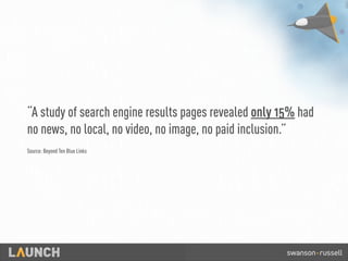“A study of search engine results pages revealed only 15% had
no news, no local, no video, no image, no paid inclusion.”
Source: Beyond Ten Blue Links
 