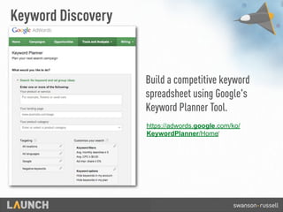 Build a competitive keyword
spreadsheet using Google's
Keyword Planner Tool.
Keyword Discovery
https://adwords.google.com/ko/
KeywordPlanner/Home‎
 