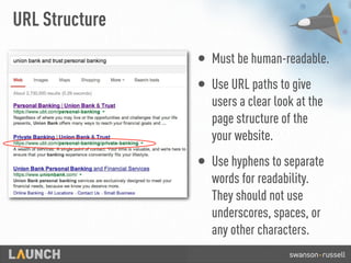 URL Structure
• Must be human-readable.
• Use URL paths to give
users a clear look at the
page structure of the
your website.
• Use hyphens to separate
words for readability.
They should not use
underscores, spaces, or
any other characters.
 