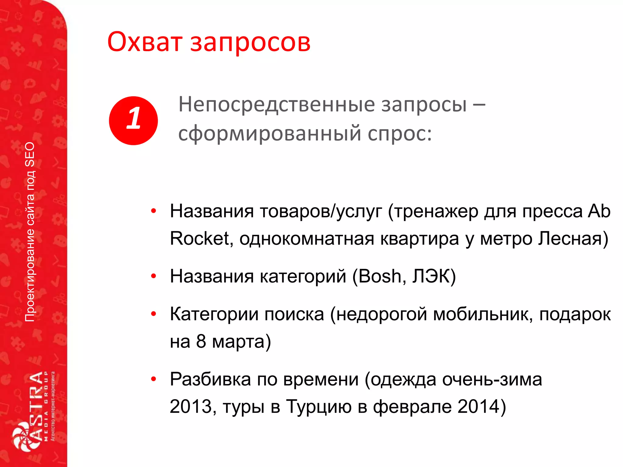 ПроектированиесайтаподSEO
Охват запросов
• Названия товаров/услуг (тренажер для пресса Ab
Rocket, однокомнатная квартира у метро Лесная)
• Названия категорий (Bosh, ЛЭК)
• Категории поиска (недорогой мобильник, подарок
на 8 марта)
• Разбивка по времени (одежда очень-зима
2013, туры в Турцию в феврале 2014)
Непосредственные запросы –
сформированный спрос:1
 