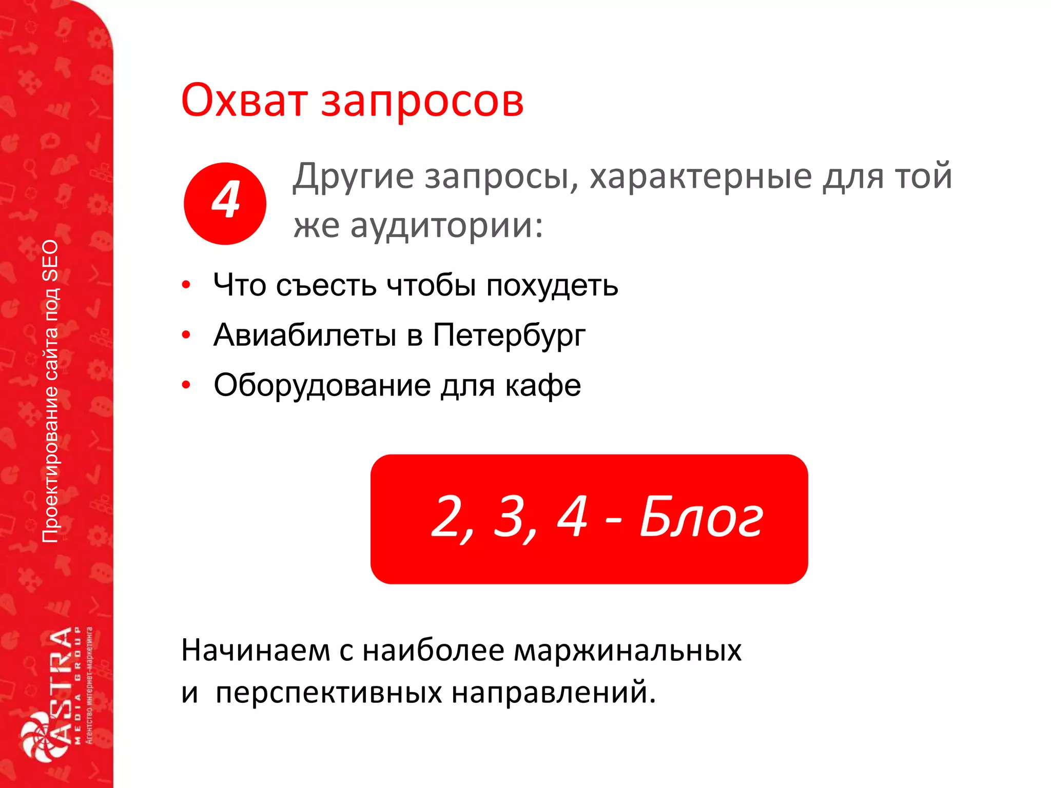 ПроектированиесайтаподSEO
Охват запросов
• Что съесть чтобы похудеть
• Авиабилеты в Петербург
• Оборудование для кафе
Другие запросы, характерные для той
же аудитории:
2, 3, 4 - Блог
Начинаем с наиболее маржинальных
и перспективных направлений.
4
 