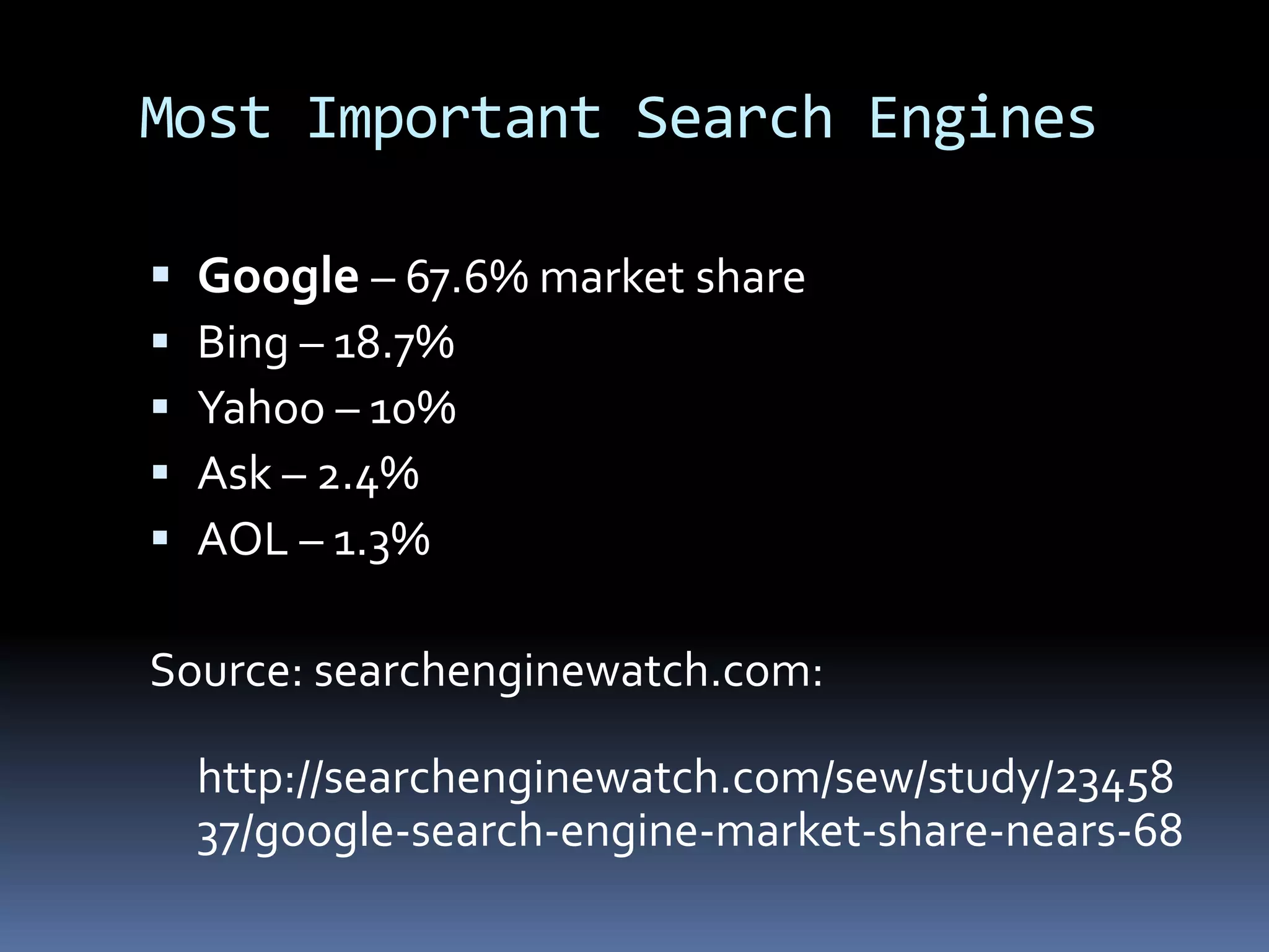 Most Important Search Engines
 Google – 67.6% market share
 Bing – 18.7%
 Yahoo – 10%
 Ask – 2.4%
 AOL – 1.3%
Source: searchenginewatch.com:
http://searchenginewatch.com/sew/study/23458
37/google-search-engine-market-share-nears-68
 