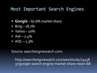 Most Important Search Engines
 Google – 67.6% market share
 Bing – 18.7%
 Yahoo – 10%
 Ask – 2.4%
 AOL – 1.3%
Source: searchenginewatch.com:
http://searchenginewatch.com/sew/study/23458
37/google-search-engine-market-share-nears-68
 