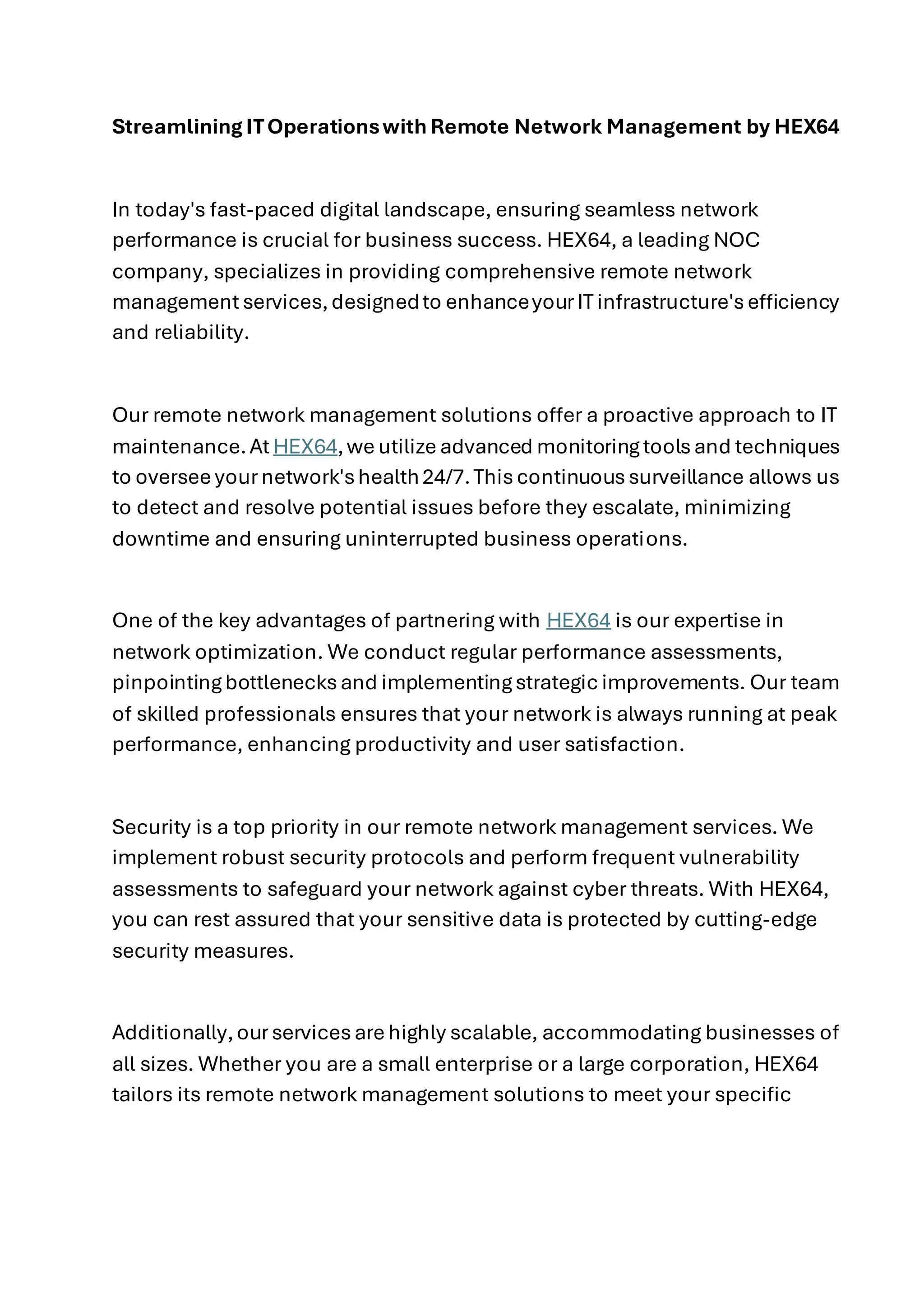 Streamlining IT Operations with Remote Network Management by HEX64 | PDF