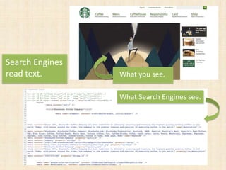 Search Engines
read text. What you see.
What Search Engines see.
 