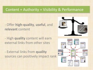 - Offer high-quality, useful, and
relevant content
- High quality content will earn
external links from other sites
- External links from quality
sources can positively impact rank
Content + Authority = Visibility & Performance
 