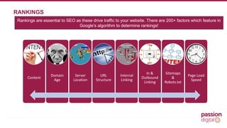 RANKINGS 
Rankings are essential to SEO as these drive traffic to your website. There are 200+ factors which feature in 
5 
Google’s algorithm to determine rankings! 
Content 
Domain 
Age 
Server 
Location 
URL 
Structure 
Internal 
Linking 
In & 
Outbound 
Linking 
Sitemaps 
& 
Robots.txt 
Page Load 
Speed 
 