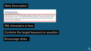 Meta Description
156 characters or less
Contains the target keyword or question
Encourage clicks
 