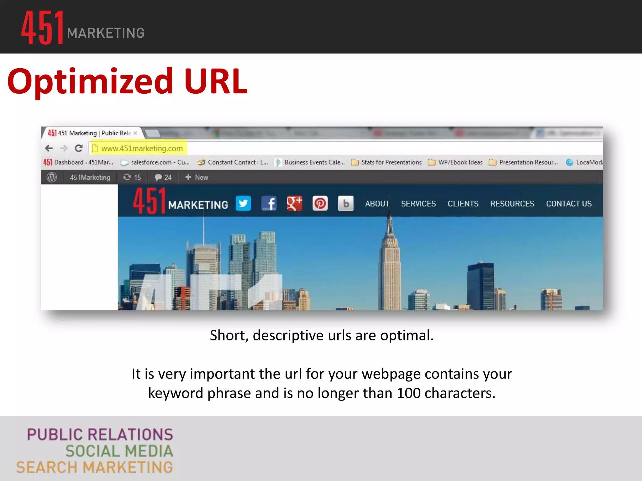 Optimized URL




                  Short, descriptive urls are optimal.

      It is very important the url for your webpage contains your
          keyword phrase and is no longer than 100 characters.
 