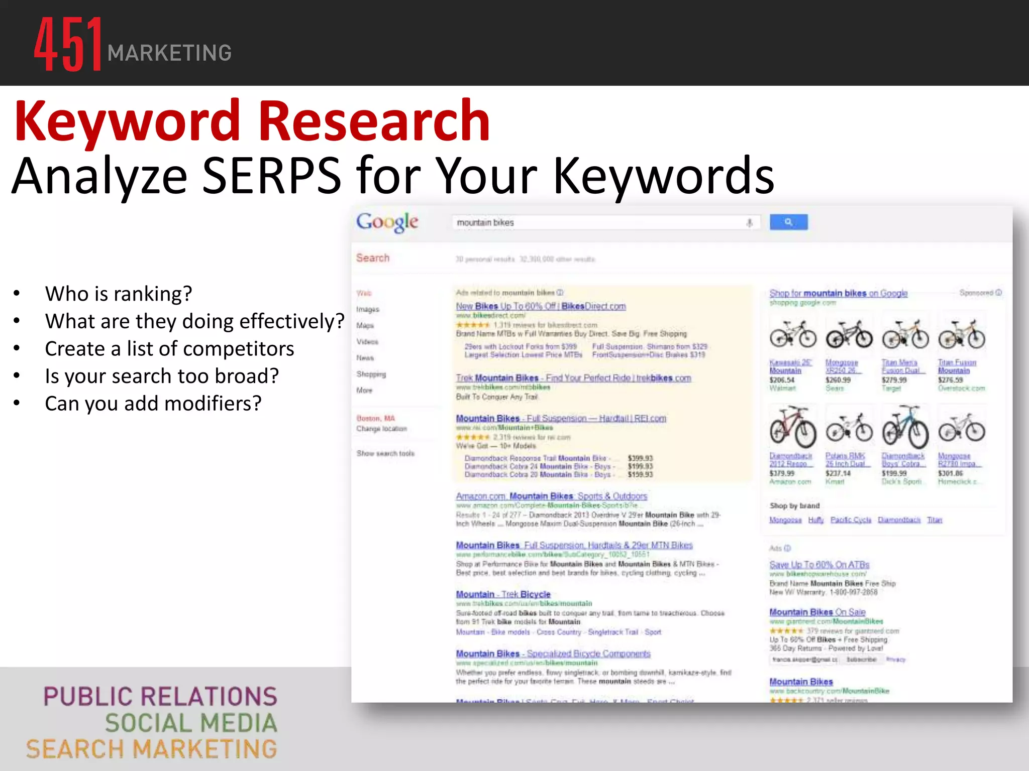 Keyword Research
Analyze SERPS for Your Keywords
•   Who is ranking?
•   What are they doing effectively?
•   Create a list of competitors
•   Is your search too broad?
•   Can you add modifiers?
 