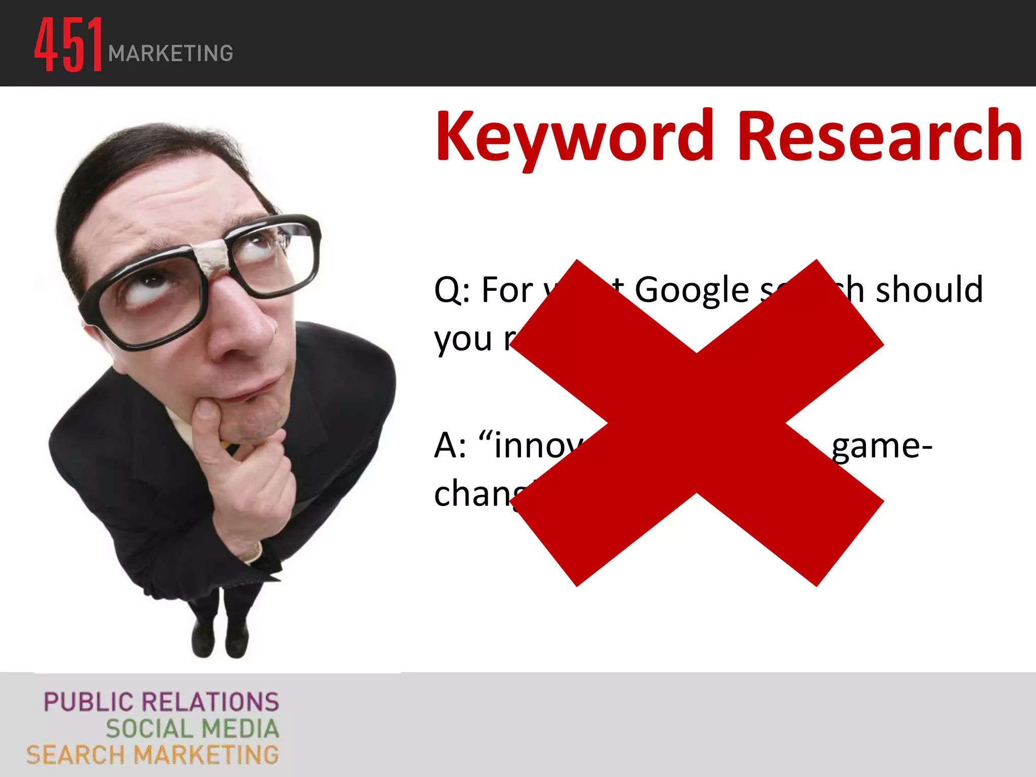 Keyword Research
Q: For what Google search should
you rank #1?

A: “innovative, creative, game-
changing”
 