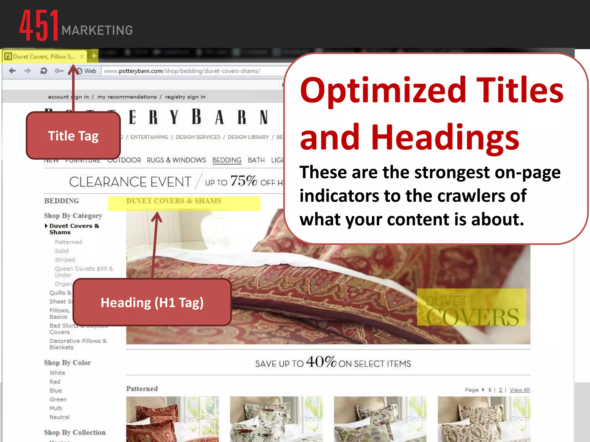 Optimized Titles
Title Tag
                               and Headings
                               These are the strongest on-page
                               indicators to the crawlers of
                               what your content is about.



            Heading (H1 Tag)
 