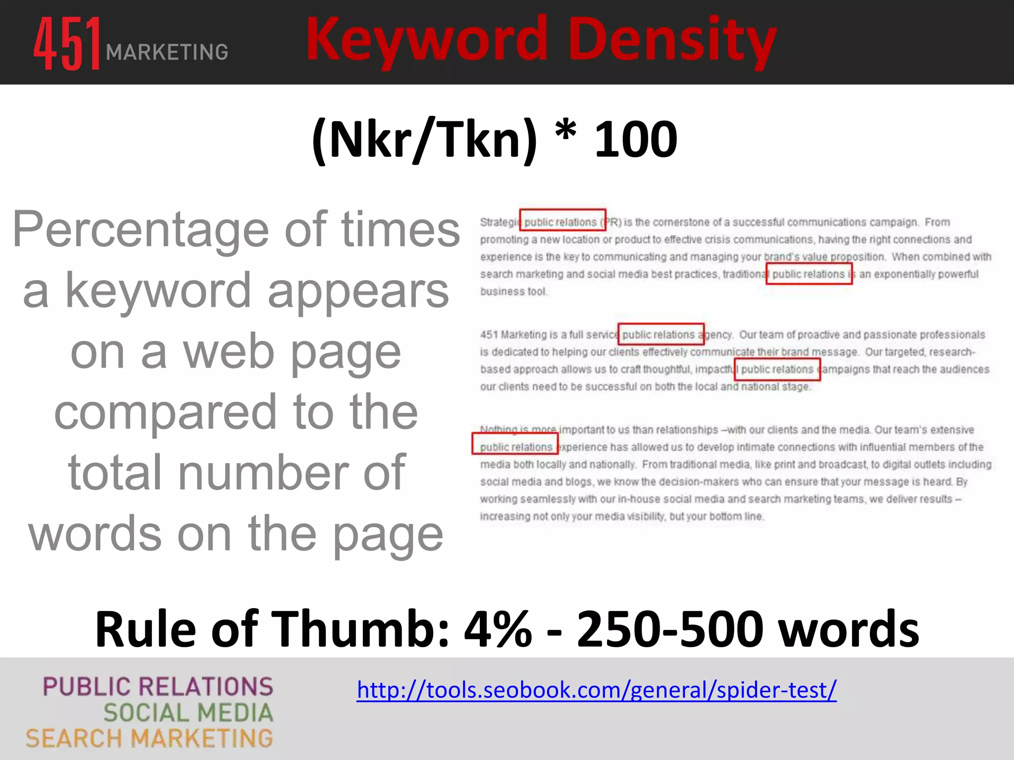 Keyword Density
            (Nkr/Tkn) * 100
Percentage of times
a keyword appears
  on a web page
 compared to the
  total number of
words on the page
   Rule of Thumb: 4% - 250-500 words
              http://tools.seobook.com/general/spider-test/
 