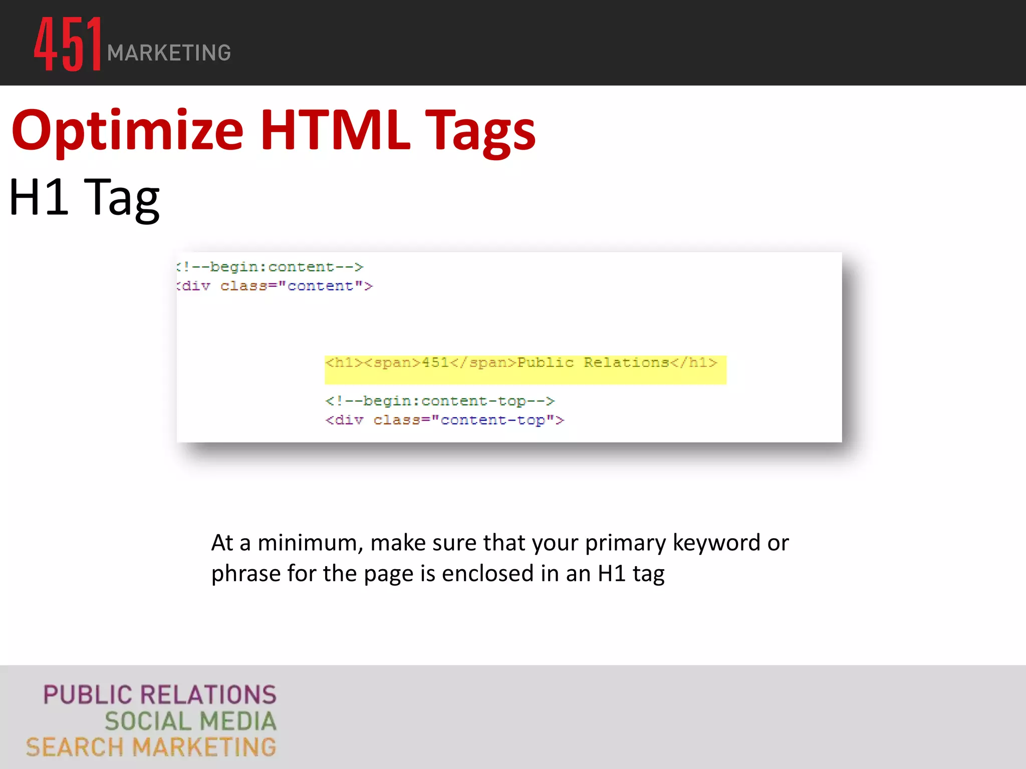Optimize HTML Tags
H1 Tag




         At a minimum, make sure that your primary keyword or
         phrase for the page is enclosed in an H1 tag
 