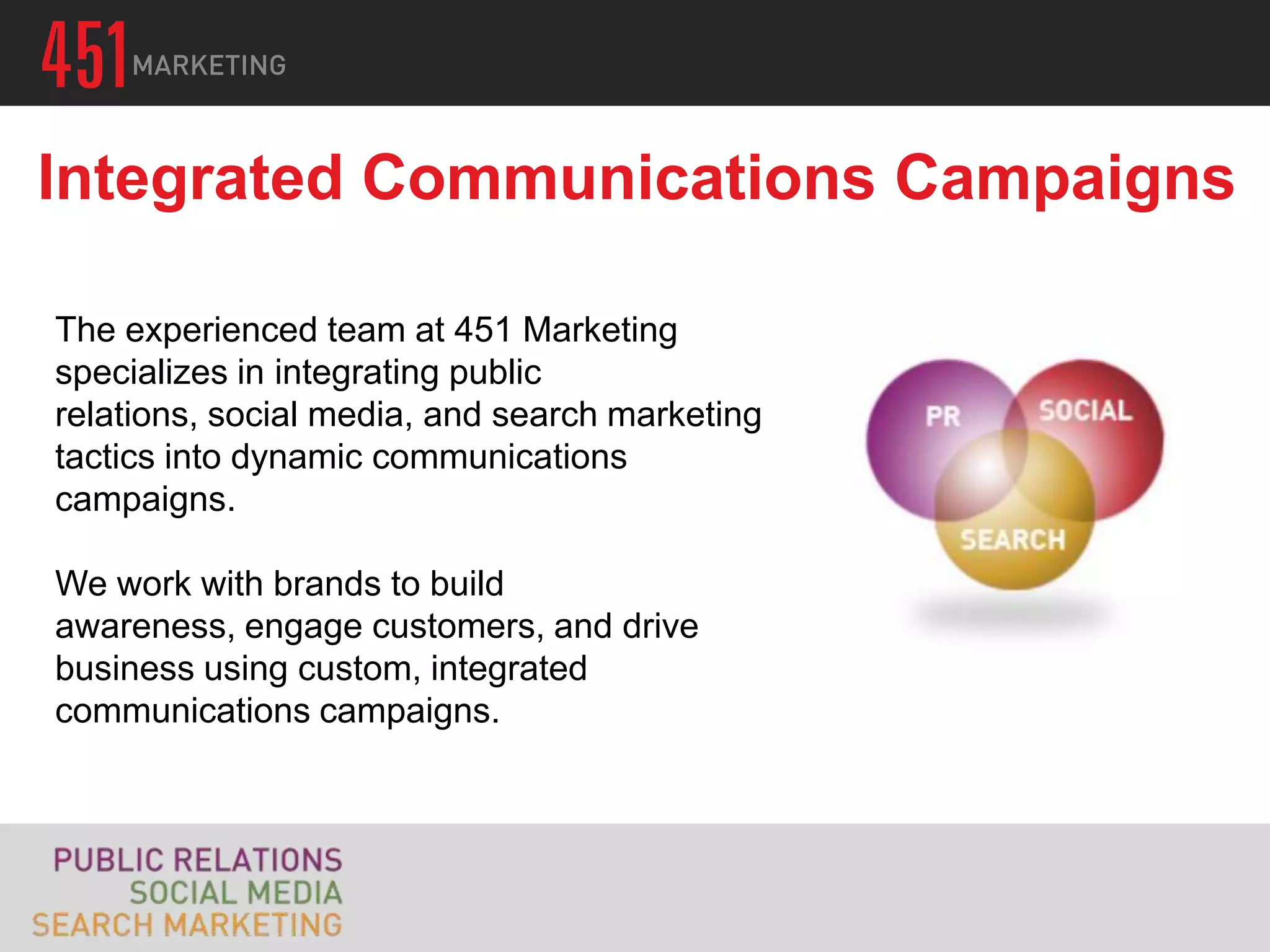 Integrated Communications Campaigns

The experienced team at 451 Marketing
specializes in integrating public
relations, social media, and search marketing
tactics into dynamic communications
campaigns.

We work with brands to build
awareness, engage customers, and drive
business using custom, integrated
communications campaigns.
 