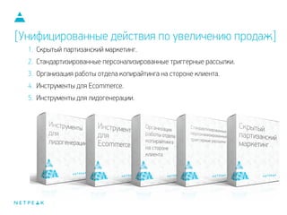 1. Скрытый партизанский маркетинг.
2. Стандартизированные персонализированные триггерные рассылки.
3. Организация работы отдела копирайтинга на стороне клиента.
4. Инструменты для Ecommerce.
5. Инструменты для лидогенерации.
[Унифицированные действия по увеличению продаж]
 