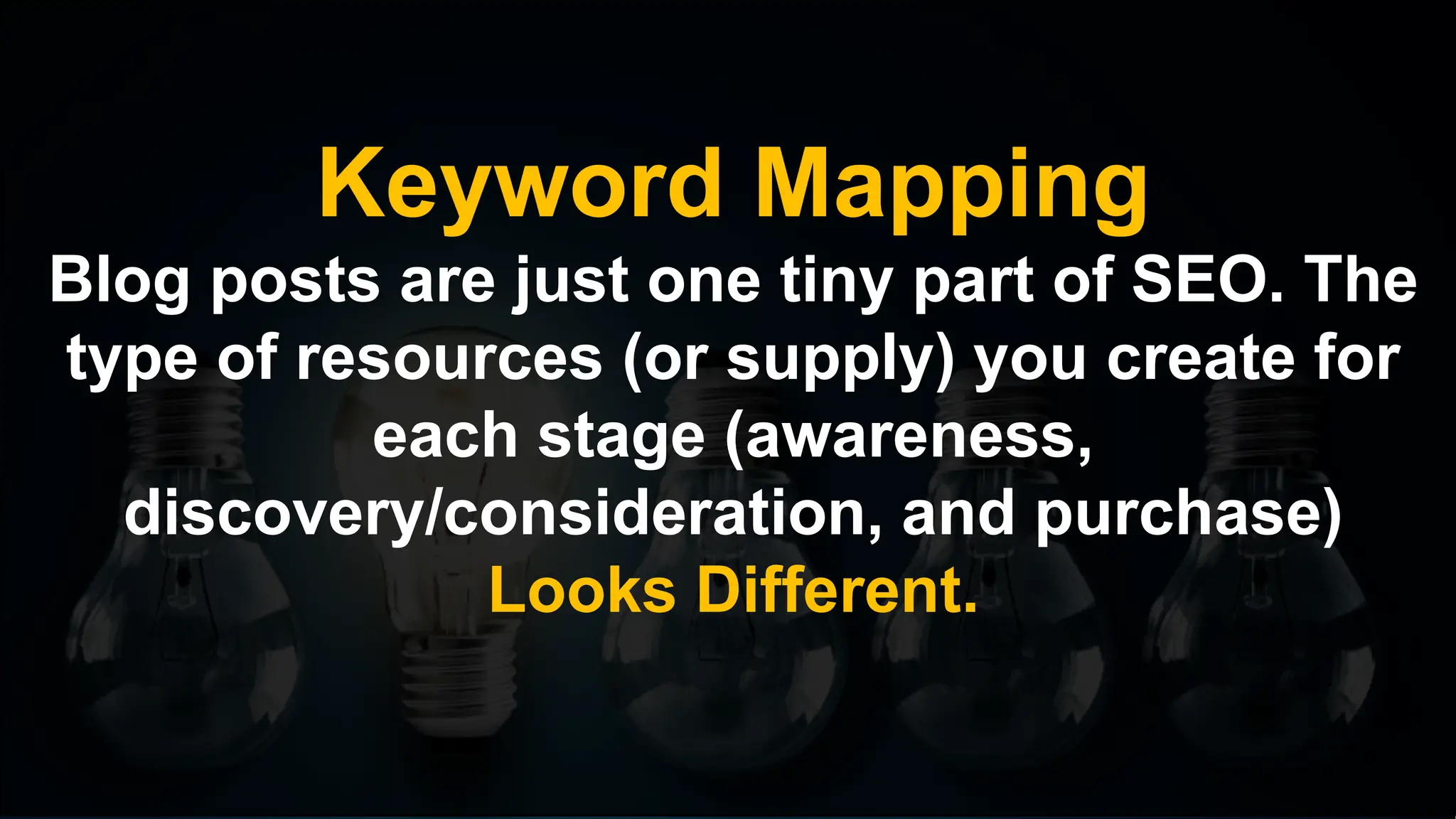 Keyword Mapping
Blog posts are just one tiny part of SEO. The
type of resources (or supply) you create for
each stage (awareness,
discovery/consideration, and purchase)
Looks Different.
 