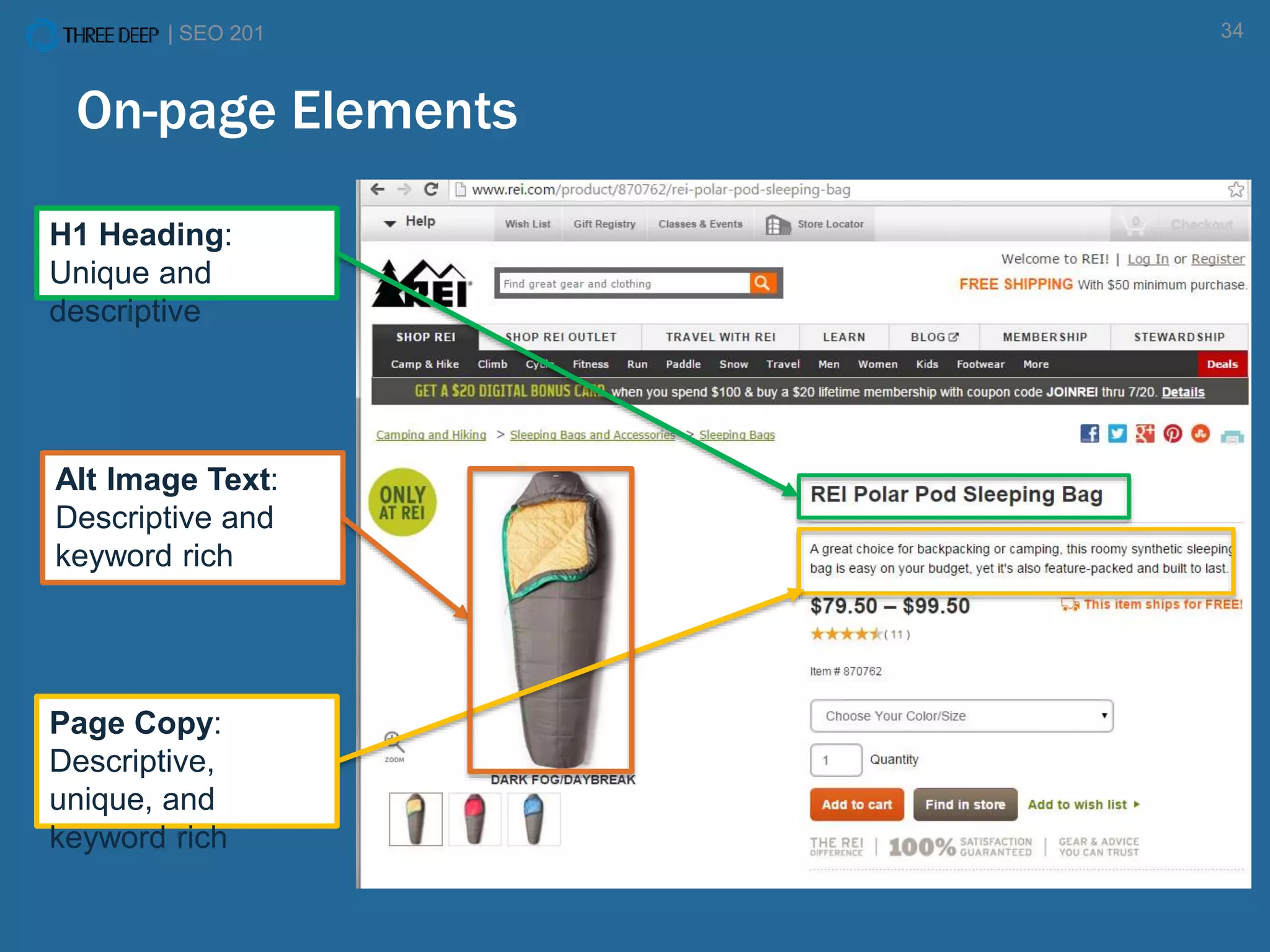 | SEO 201 34
H1 Heading:
Unique and
descriptive
Page Copy:
Descriptive,
unique, and
keyword rich
Alt Image Text:
Descriptive and
keyword rich
On-page Elements
 