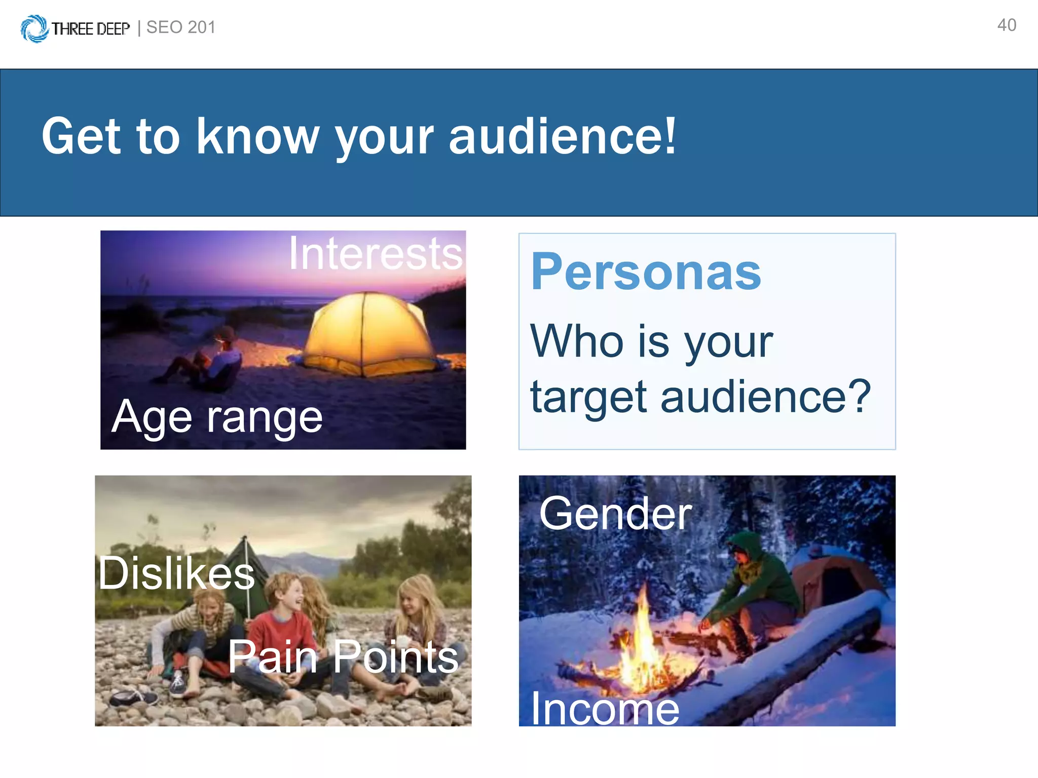 | SEO 201 40
Personas
Who is your
target audience?
Get to know your audience!
Age range
Gender
Income
Interests
Dislikes
Pain Points
 