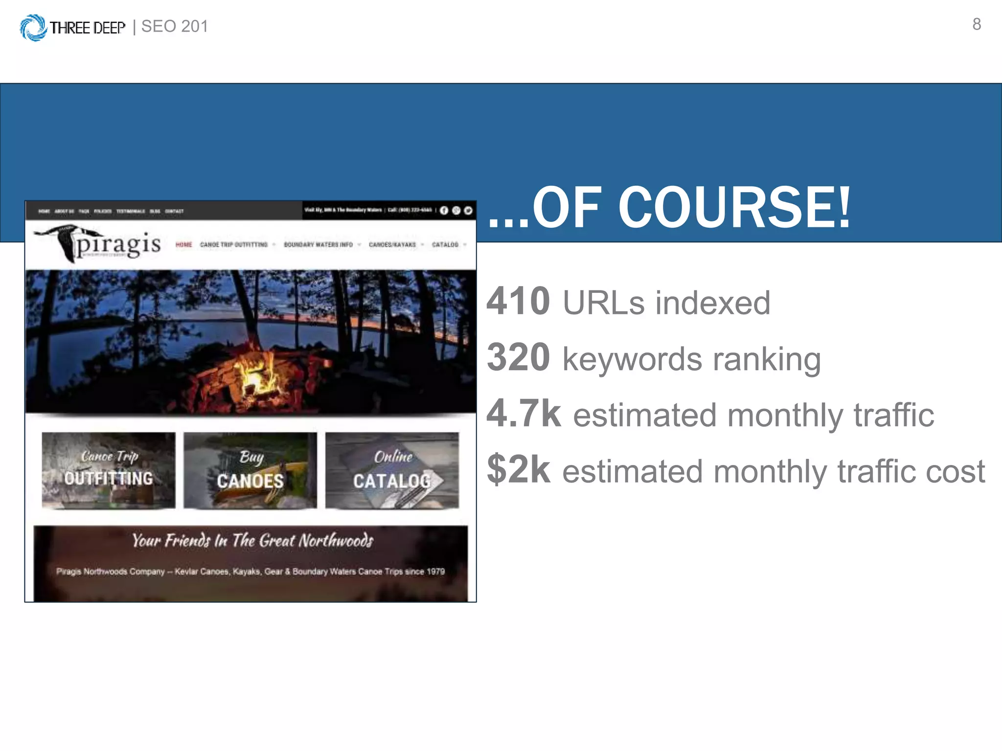 | SEO 201 8
410 URLs indexed
320 keywords ranking
4.7k estimated monthly traffic
$2k estimated monthly traffic cost
…OF COURSE!
 