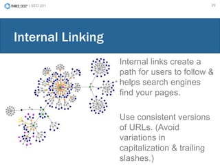 | SEO 201 20
Internal links create a
path for users to follow &
helps search engines
find your pages.
Use consistent versions
of URLs. (Avoid
variations in
capitalization & trailing
slashes.)
Internal Linking
 