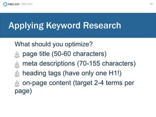 | SEO 201 32
Applying Keyword Research
What should you optimize?
page title (50-60 characters)
meta descriptions (70-155 characters)
heading tags (have only one H1!)
on-page content (target 2-4 terms per
page)
 